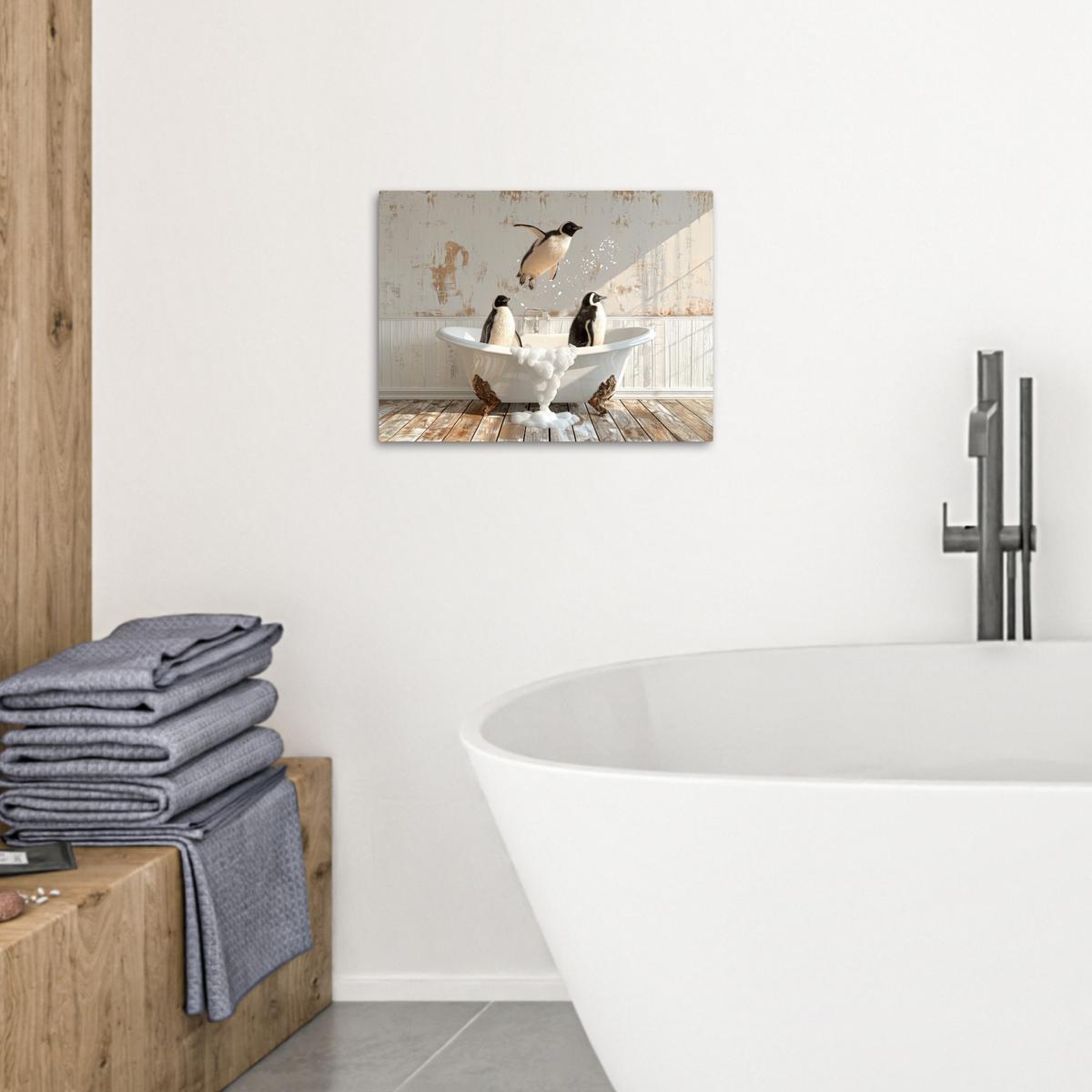 LEINWANDBILD Vintage - Pinguin - Badewanne - Schaumstoff Wandbild 40x30 cm - Schwarz, Textil (40/30cm) - MuchoWow