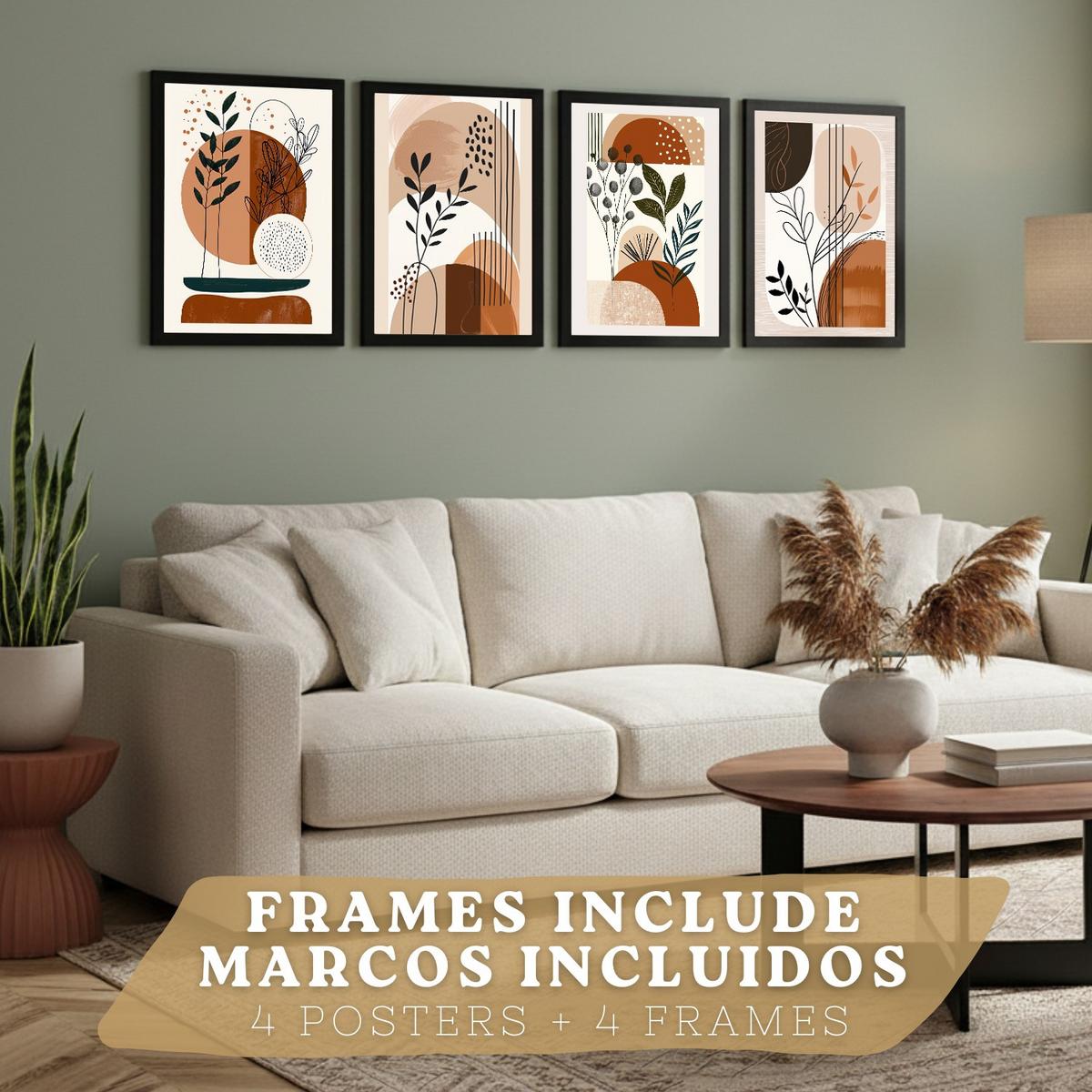 POSTER 4er Kunstdruck-Set Wandbilder Botanisch Abstrakt modern Wohnzimmer Deko, Schlafzimmer, Küche, Badezimmer Schwarzer Rahmen A4 - Schwarz, Papier (29.7/1/21cm) - Nacnic