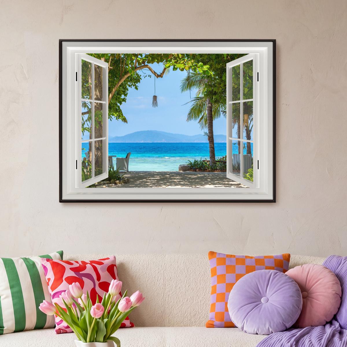 LEINWAND Bilder mit Rahmen - Aussicht - Baum - Meer - Palme - Hügel - Strand - Blau - 100x70 - Blau, Textil (100/70cm) - MuchoWow
