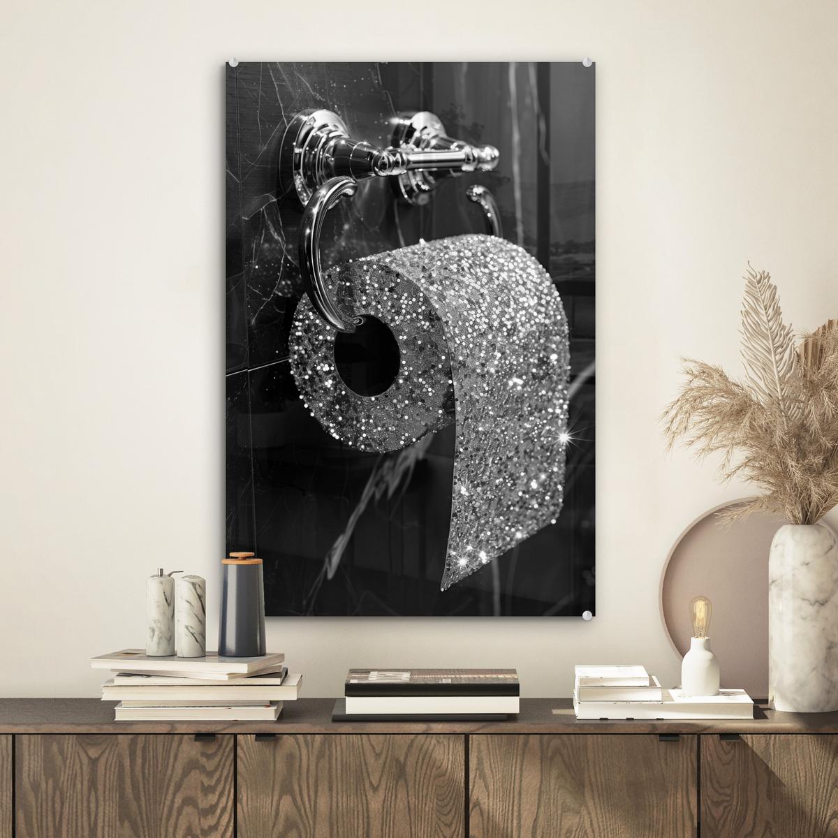 ACRYLGLASBILD WC - Toilettenpapier - Schwarz und weiß - Glitter Wanddeko Wohnzimmer 40x60 cm - Silberfarben, Glas (40/60cm) - MuchoWow