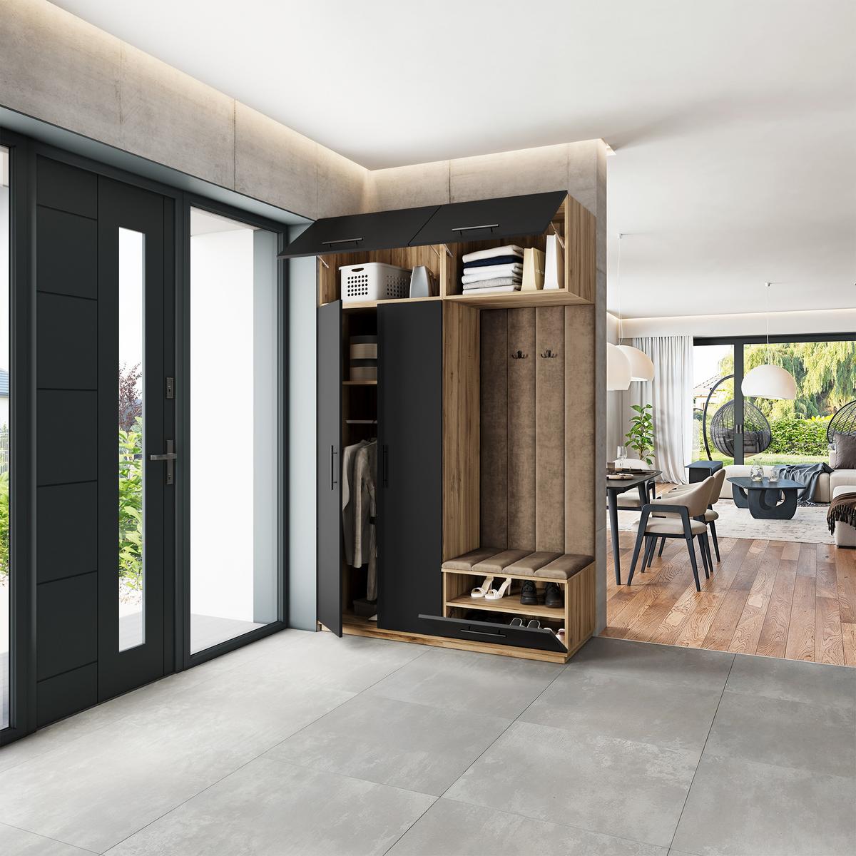 GARDEROBENSCHRANK REMA 150/240/60 cm Modern Garderobe-Set Eiche Wotan - Eiche Wotan/Schwarz, Holzwerkstoff (150/240/60cm) - MASSENO