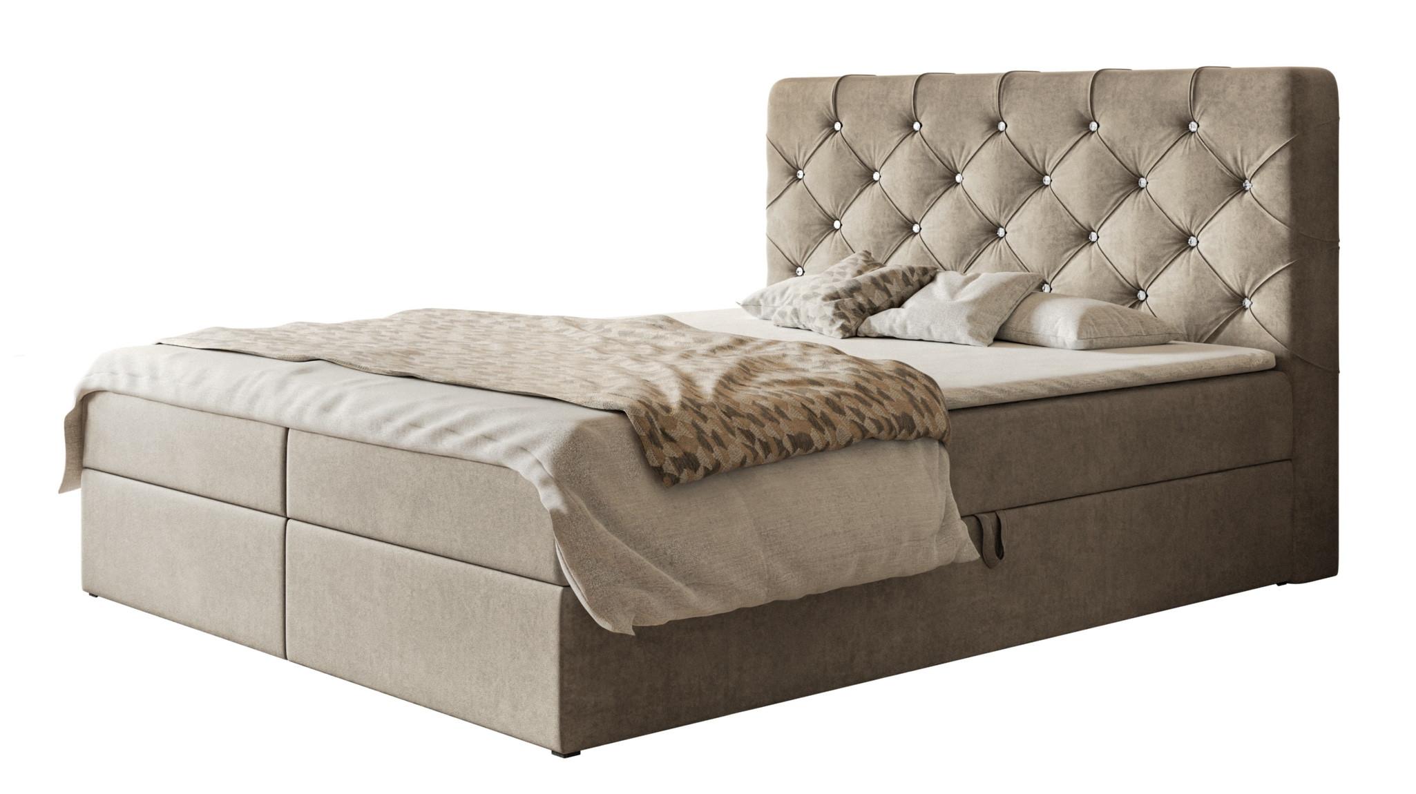BOXBETT BOSTON mit 2 Bettkästen, 180x200, Farbe: Sand, Velourstoff, Doppelbett mit Bonell-Matratze - Sahara, Holz/Kunststoff (180/200cm) - Alpi-Möbel