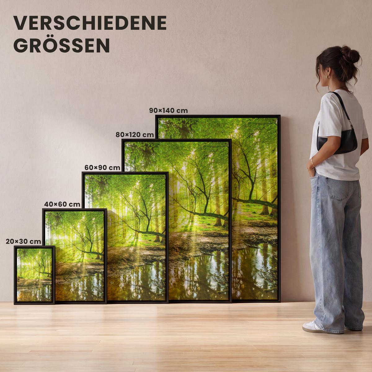 LEINWAND Bilder mit Rahmen - Wald - Landschaft - Wasser - Bäume - Sonne - Grün - Natur - 100x150 - Grün, Textil (100/150cm) - MuchoWow