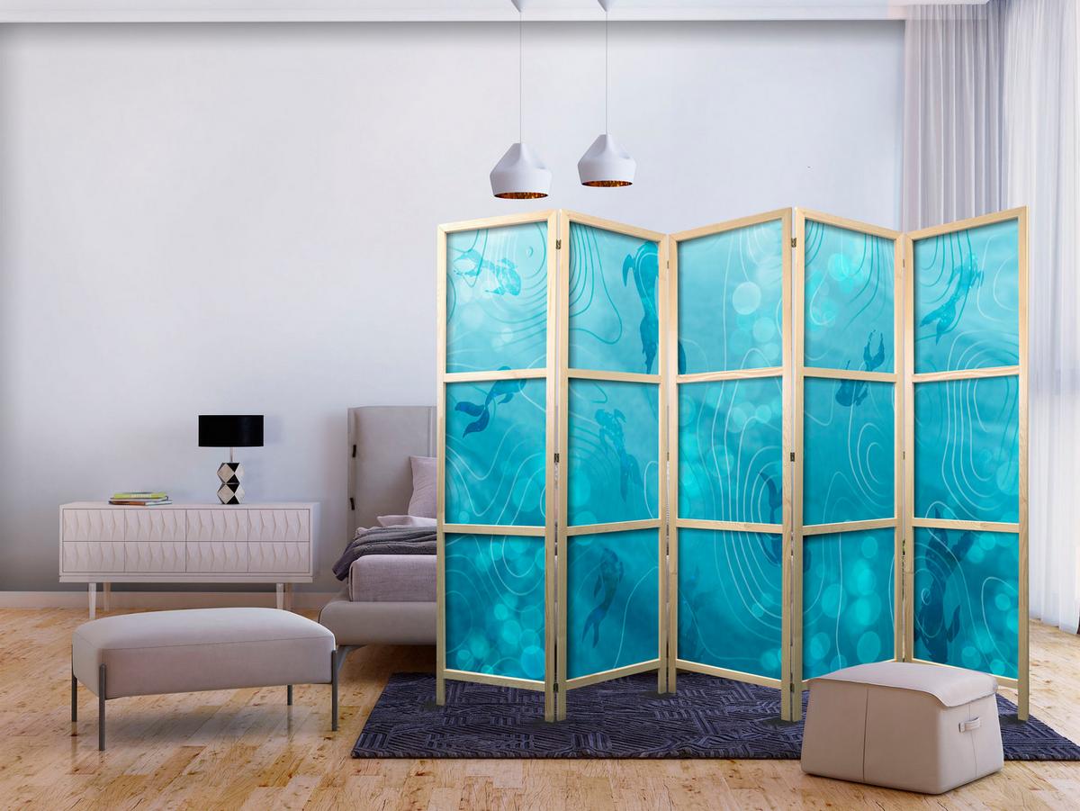 PARAVENT Japanischer 5-tlg 225x172 cm Fische Unter Wasser - Blau, Holz/Textil (225/172/3cm) - Muralo