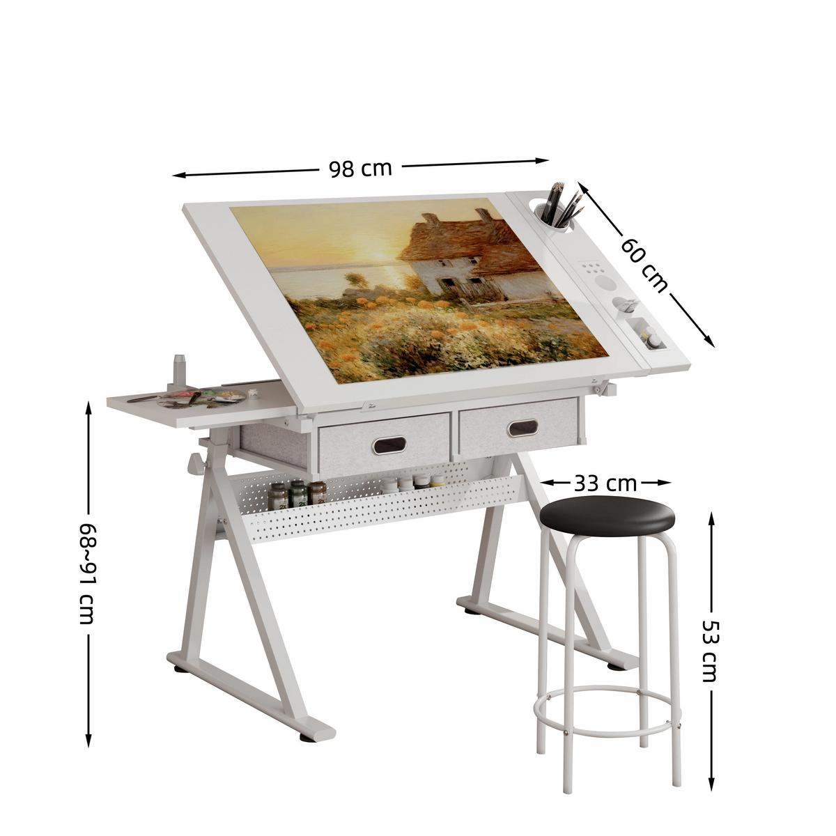 SCHREIBTISCH Zeichentisch Höhenverstellbar Neigbar Weiß inkl Hocker & Schubladen - Weiß, Holzwerkstoff (60/98/68cm) - Urban Meuble