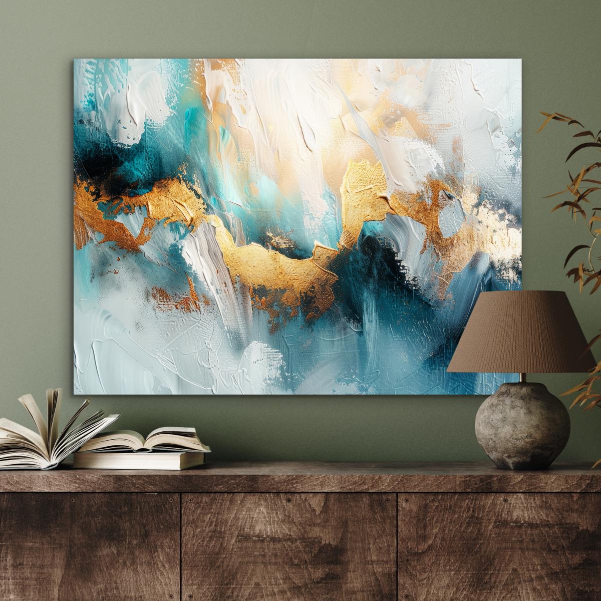 METALLBILD Abstrakt - Kunst - Gold - Blau 80x60 cm - Petrol, Metall (80/60cm) - MuchoWow