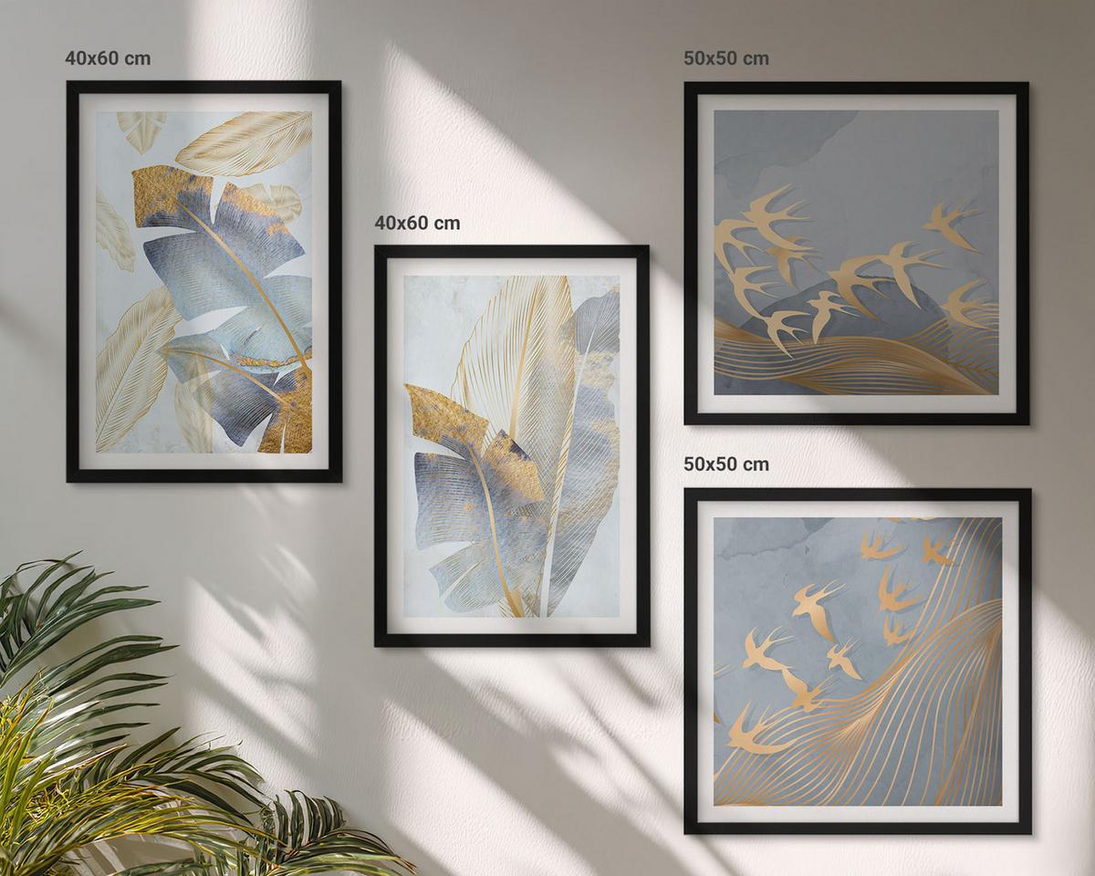 BILDER SET 4er Set - 50x50 cm & 40x60 cm Schwarzer Rahmen - Blaubeige Blätter im Hintergrund - Schwarz, Kunststoff (50/50cm) - TULUP
