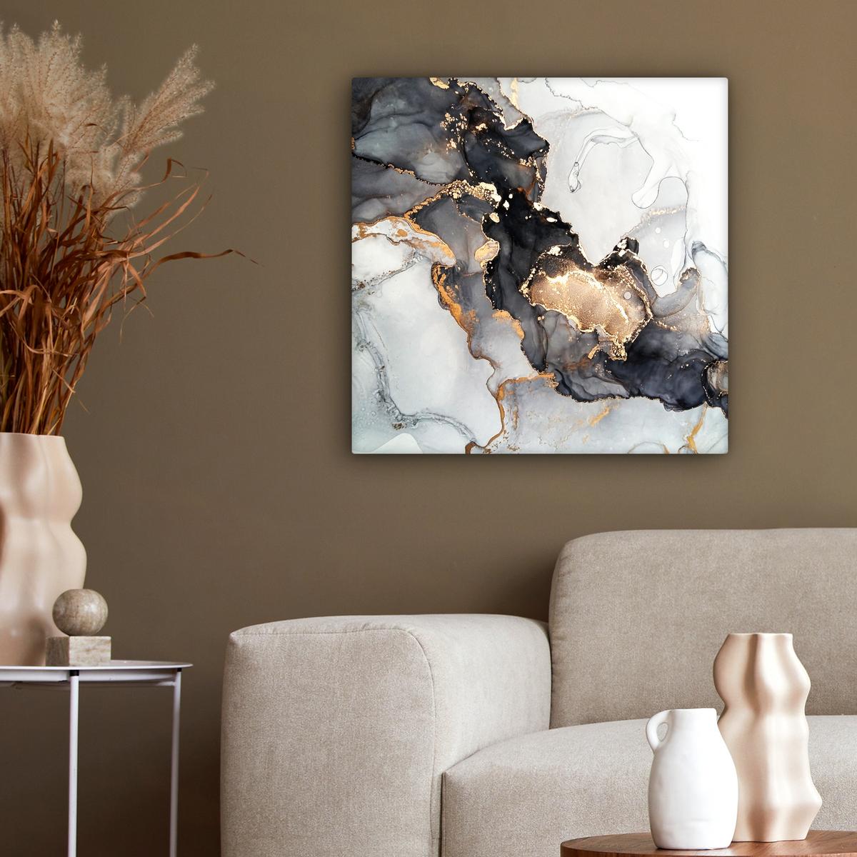 LEINWANDBILD Marmor - Schwarz - Weiß - Gold - Luxus - Abstrakt Wandbild Wohnzimmer 50x50 cm - Goldfarben, Textil (50/50cm) - MuchoWow