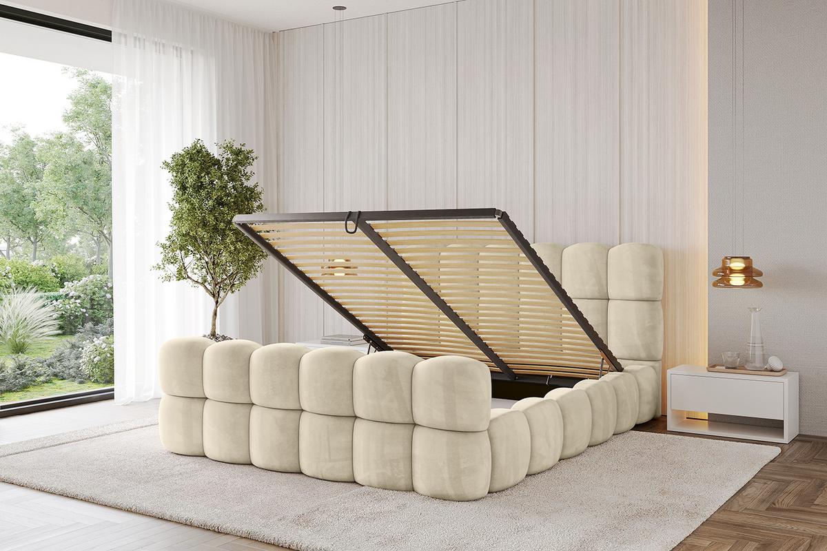 POLSTERBETT mit Bettkasten, Fußteil und Lattenrost, Bett mit Matratze H3/H4 - LEYA-Z 200x200 Beige - Ecru, Holzwerkstoff/Textil (200/200cm) - ALTDECOR