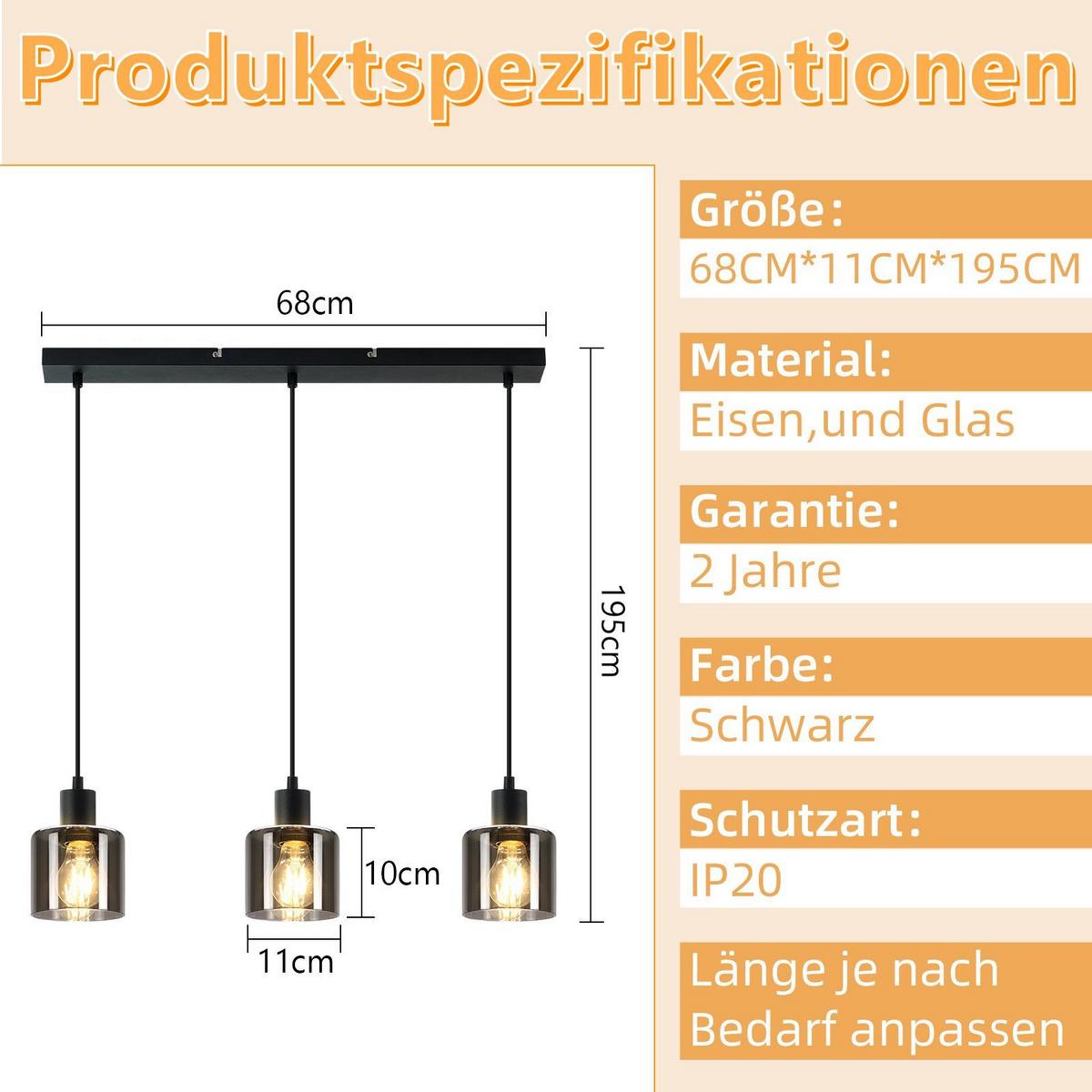 PENDELLEUCHTE Klassik 3-flammig 68/11/195 cm - Grau, Glas (68/11/195cm) - Nettlife