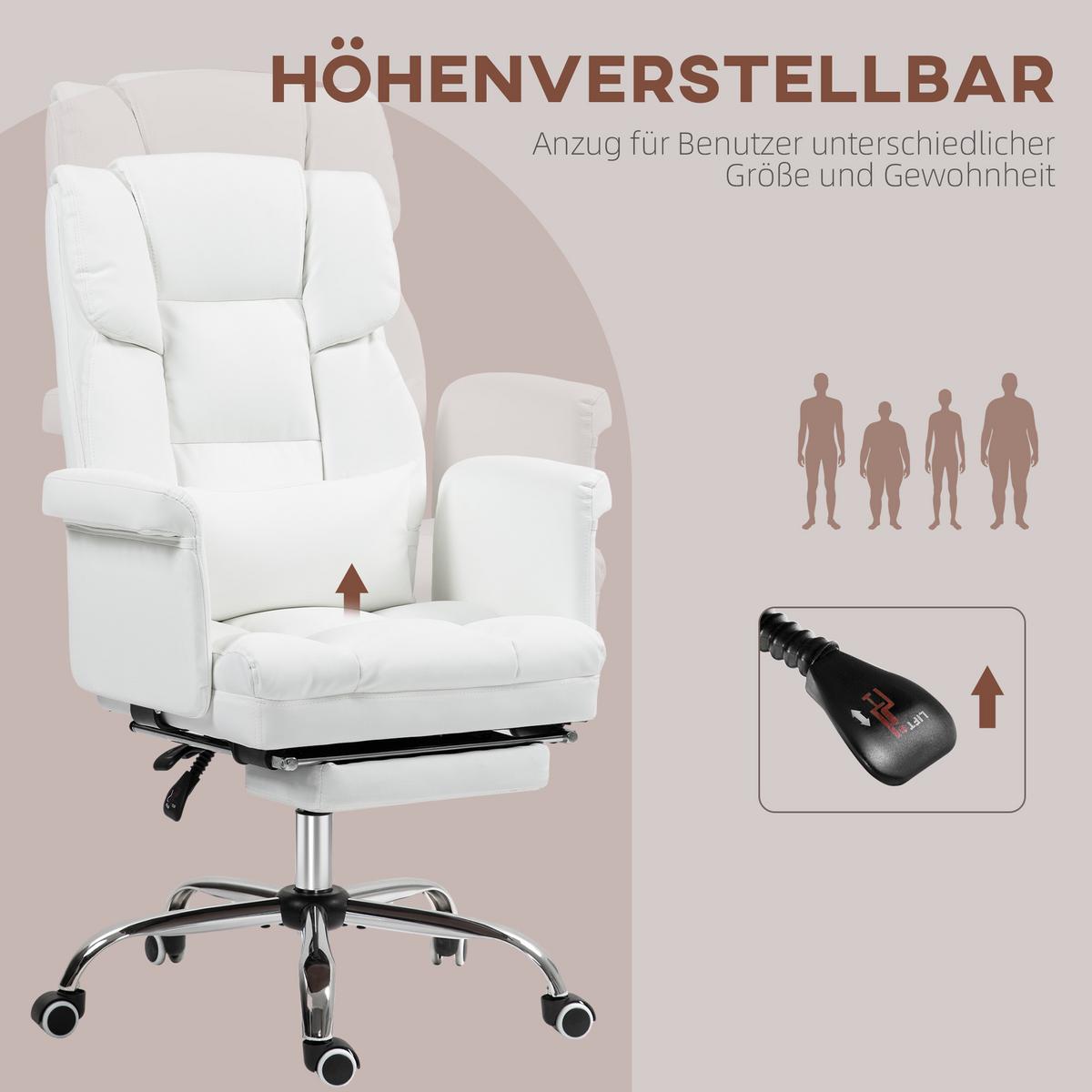 BÜROSTUHL, Ergonomisch Schreibtischstuhl mit Liegefunktion, Lendenkissen, Weiß - Chromfarben/Weiß, Kunststoff/Metall (65/115/69cm) - HOMCOM