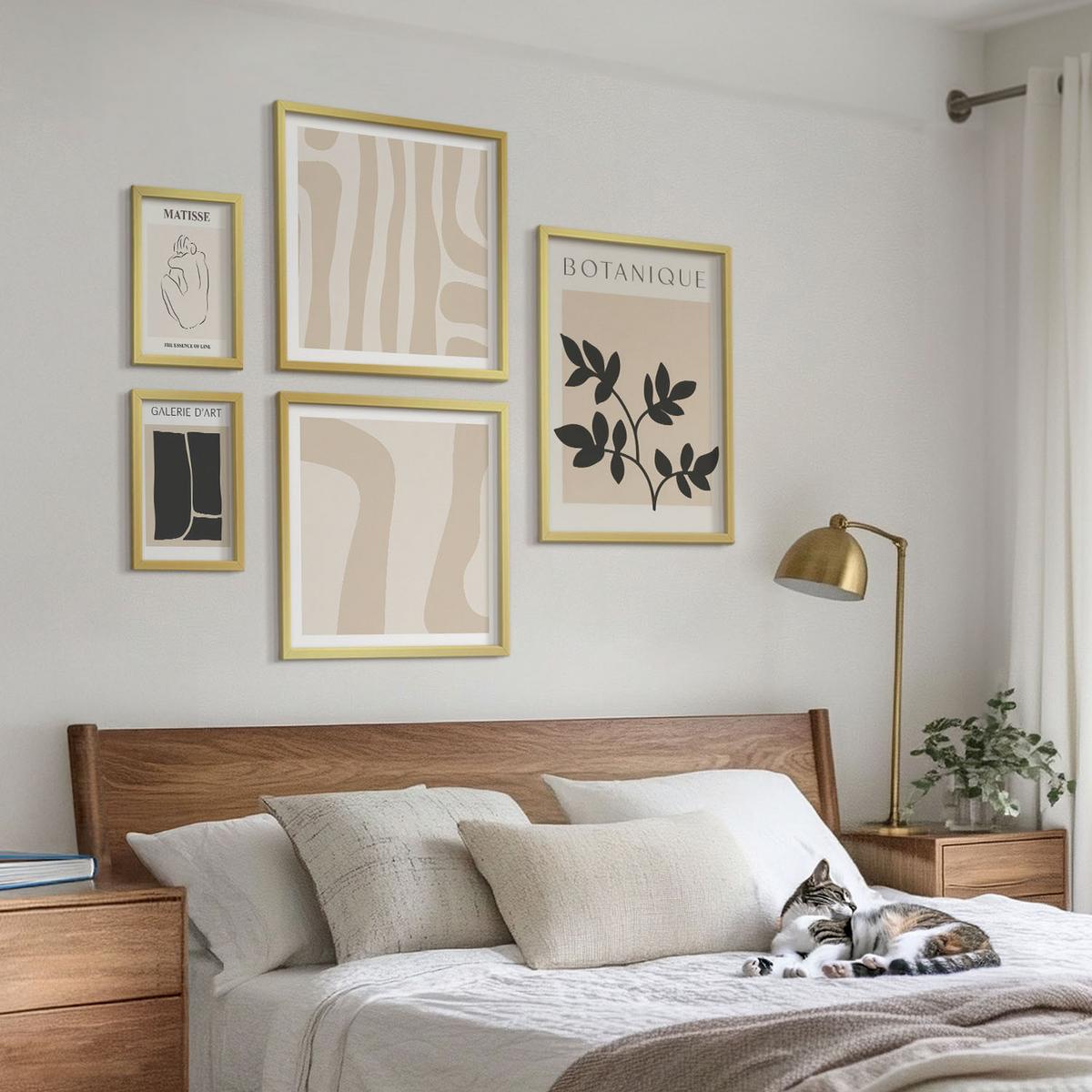 BILDER SET 5er Set - 50x50 cm & 20x30 cm & 40x60 cm Goldrahmen - Abstrakte Pflanzenmotive - Goldfarben, Kunststoff (40/60cm) - TULUP