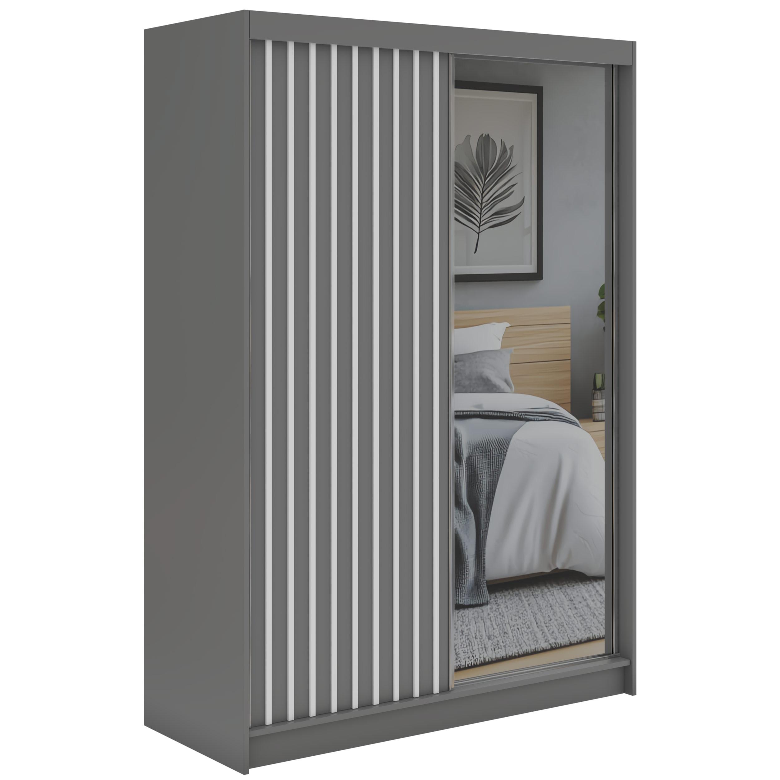 SCHWEBETÜRENSCHRANK mit Spiegel LAOS - 150 - Grau - Weiß Lamellen - Alufarben/Weiß, Holzwerkstoff/Metall (150/216/61cm) - MKS