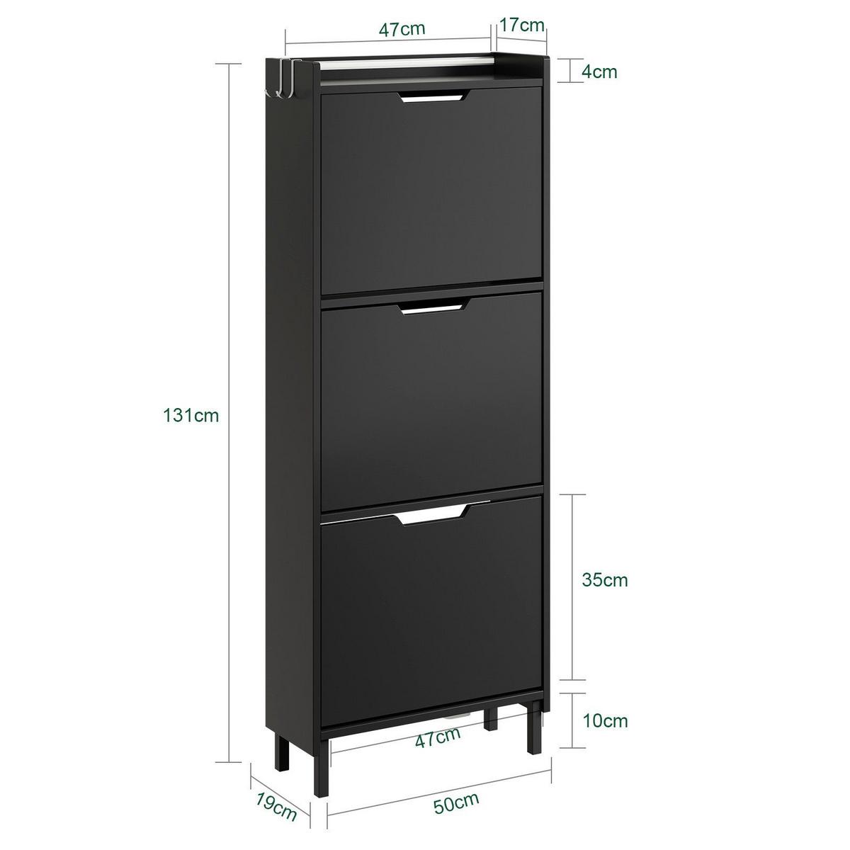 SCHUHSCHRANK mit 3 Klappen und Sensorlicht Schwarz 50x19x131cm - Schwarz, Holzwerkstoff (19/131/50cm) - SoBuy
