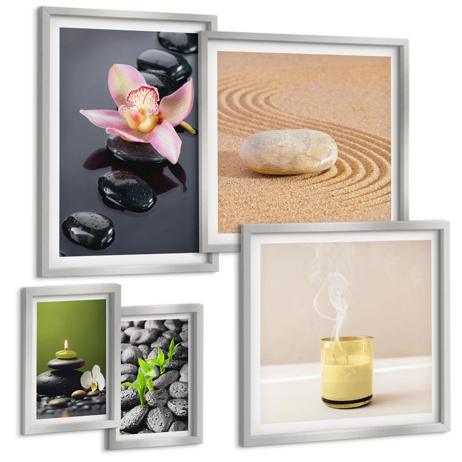 BILDER SET 5er Set - 50x50 cm & 20x30 cm & 40x60 cm Silberner Rahmen - Der Frieden der Natur mit Buddha - Silberfarben, Kunststoff (40/60cm) - TULUP