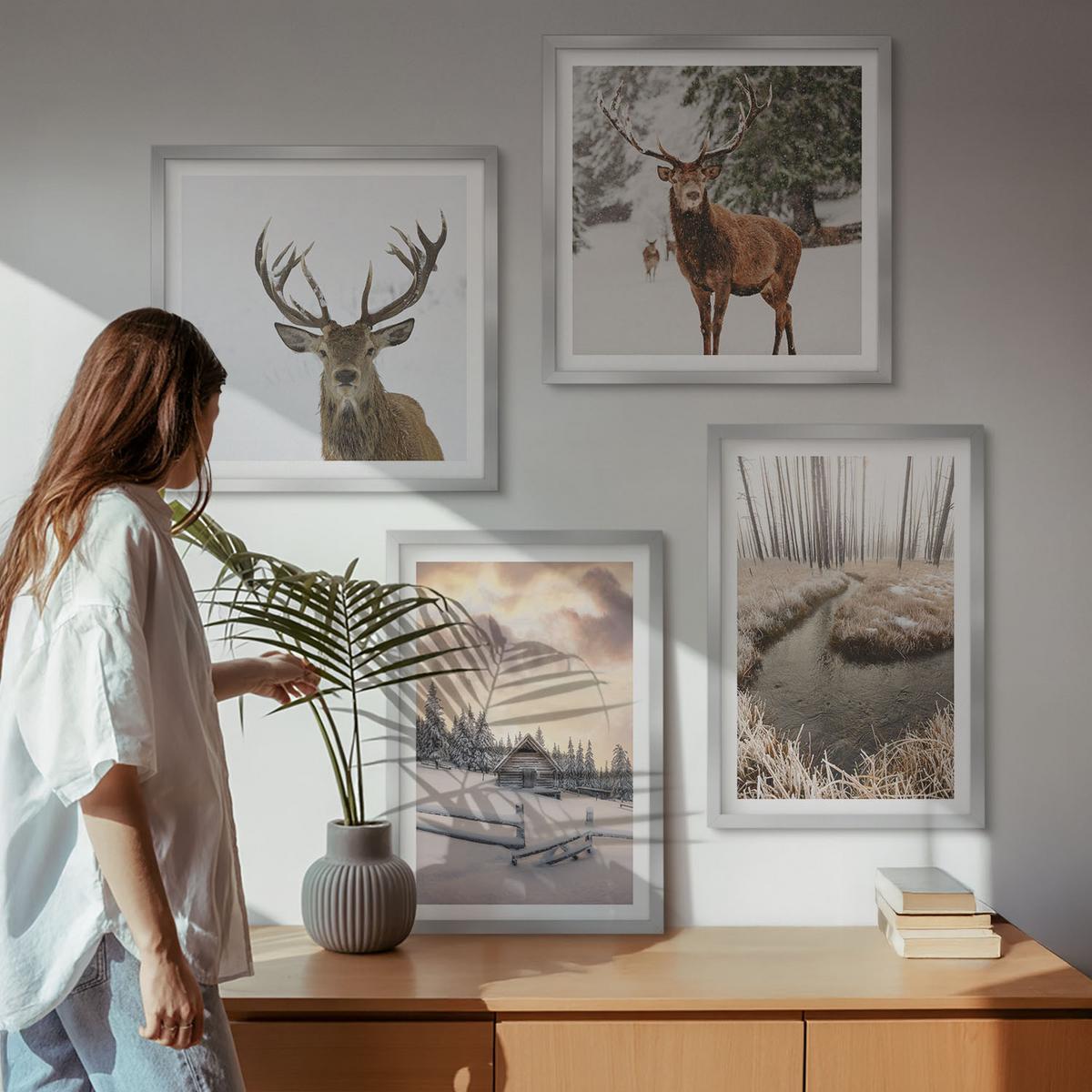 BILDER SET 4er Set - 50x50 cm & 40x60 cm Silberner Rahmen - Winterlandschaft mit Hirschen - Silberfarben, Kunststoff (50/50cm) - TULUP