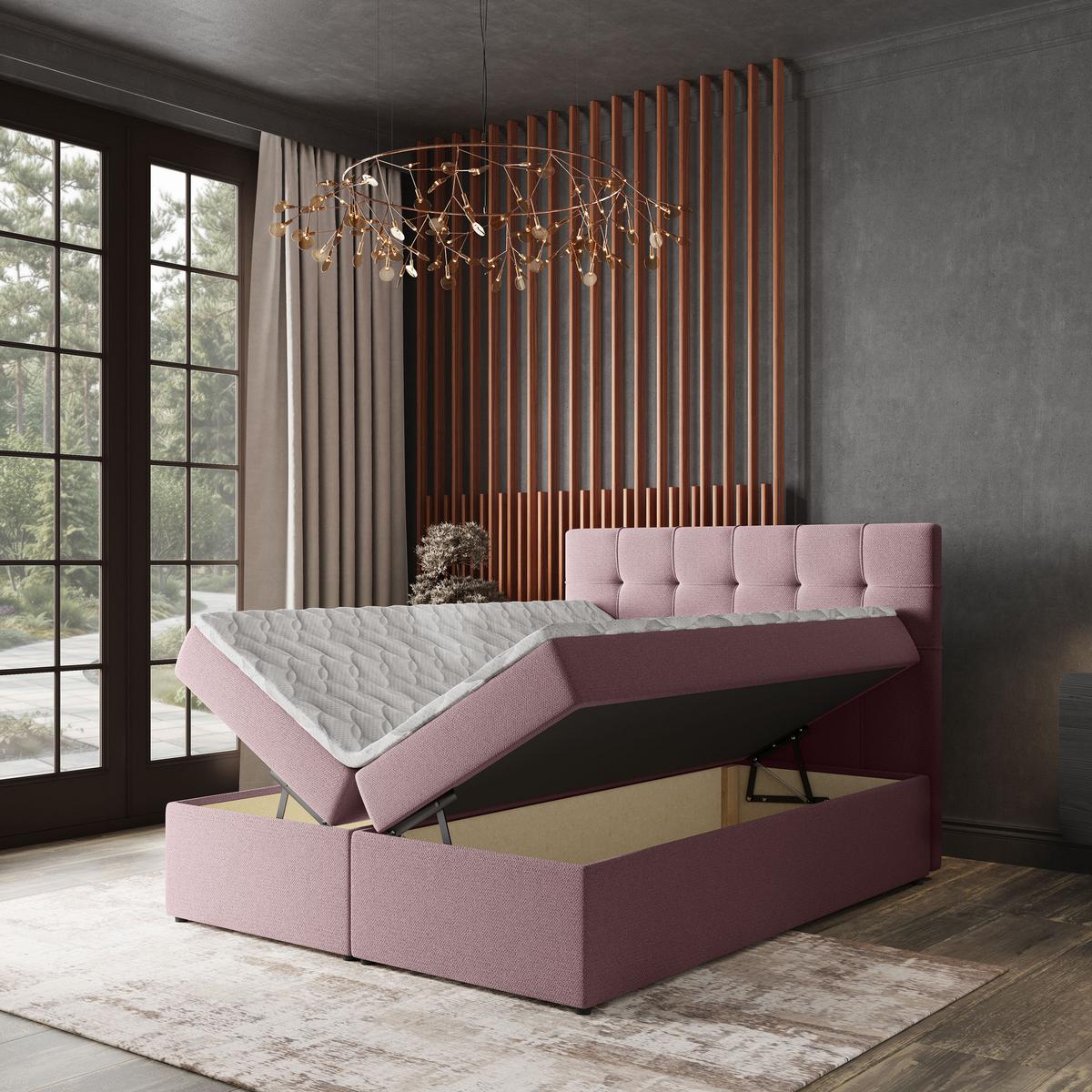 BOXBETT PALMA 140x200 cm mit Matratze und Topper, H2+H3 - Rosa - Rosa, Holz (140/200cm) - MASSENO