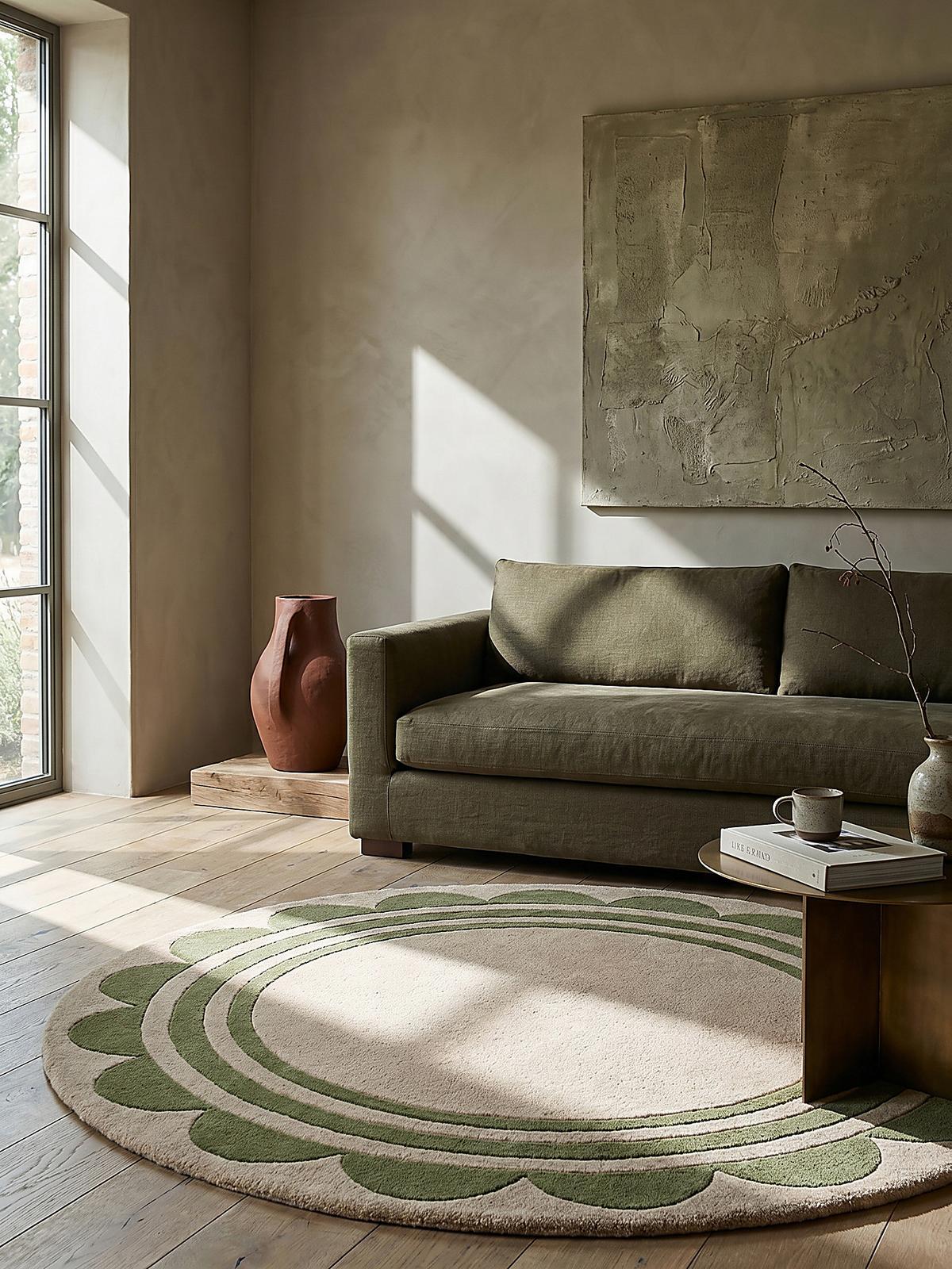 WOLLTEPPICH WENSUM, mit grafischem Muster mit Rahmen, Grün-Beige, Ø 120 cm - Grün, Textil (120/120cm) - KADIMA DESIGN