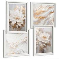 BILDER SET 4er Set - 50x50 cm & 40x60 cm Weißer Rahmen - Blumen, heller Hintergrund, Marmormuster - Weiß, Kunststoff (50/50cm) - TULUP