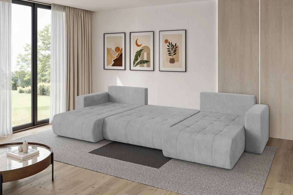 WOHNLANDSCHAFT mit Schlaffunktion und Bettkasten MILA-U 378x194x86 Grau Cord - Schwarz/Grau, Holzwerkstoff/Kunststoff (378/86/194cm) - ALTDECOR