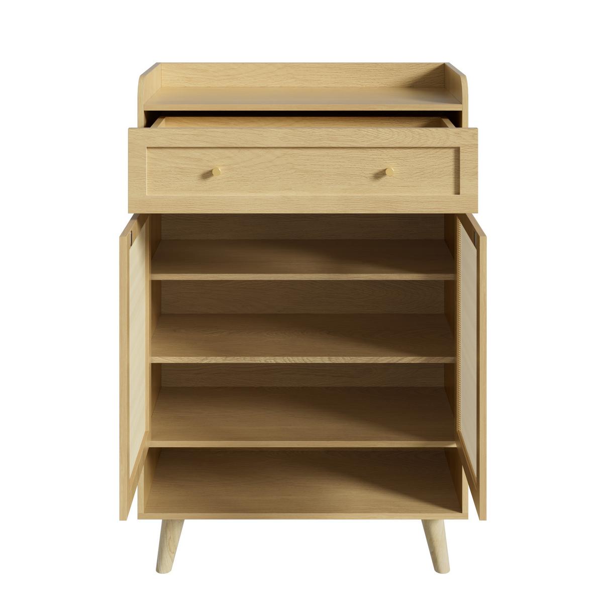 SCHUHSCHRANK Rattan Optik Eiche Hell mit Schublade & 2 Türen - Eichefarben, Holzwerkstoff (80/105/35cm) - Urban Meuble
