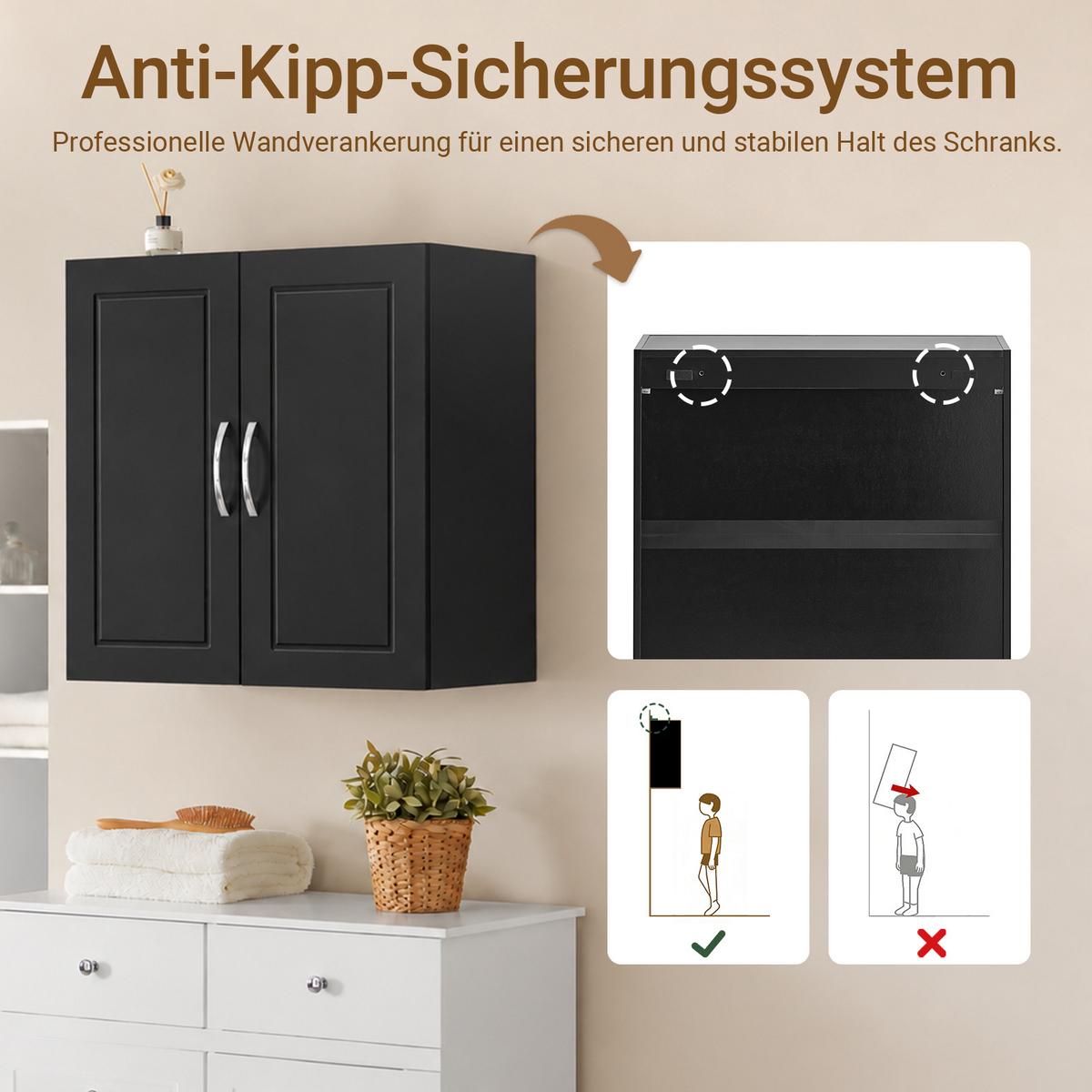 HÄNGESCHRANK Schwarz, 60 x 60 x 30 cm, mit verstellbarem Regalboden, für Bad, Küche und Waschraum - Schwarz, Holzwerkstoff (60/60/30cm) - SoBuy