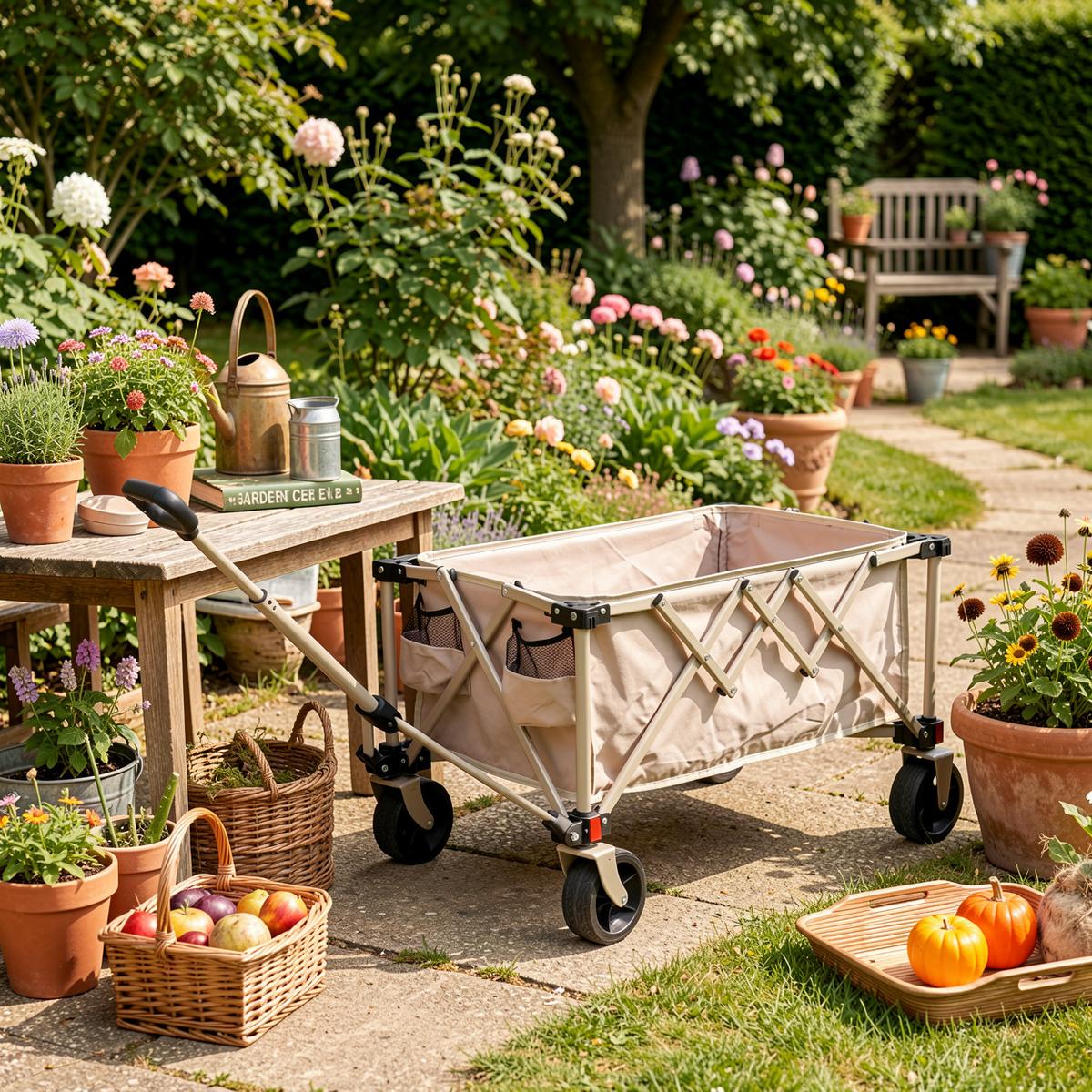GARTENWAGEN 80L Beige & Stahl – Moderner Outdoor-Transportwagen mit All-Terrain-Rädern & Teleskopgriff - Bernsteinfarben, Metall (77/45/48cm) - Urban Meuble
