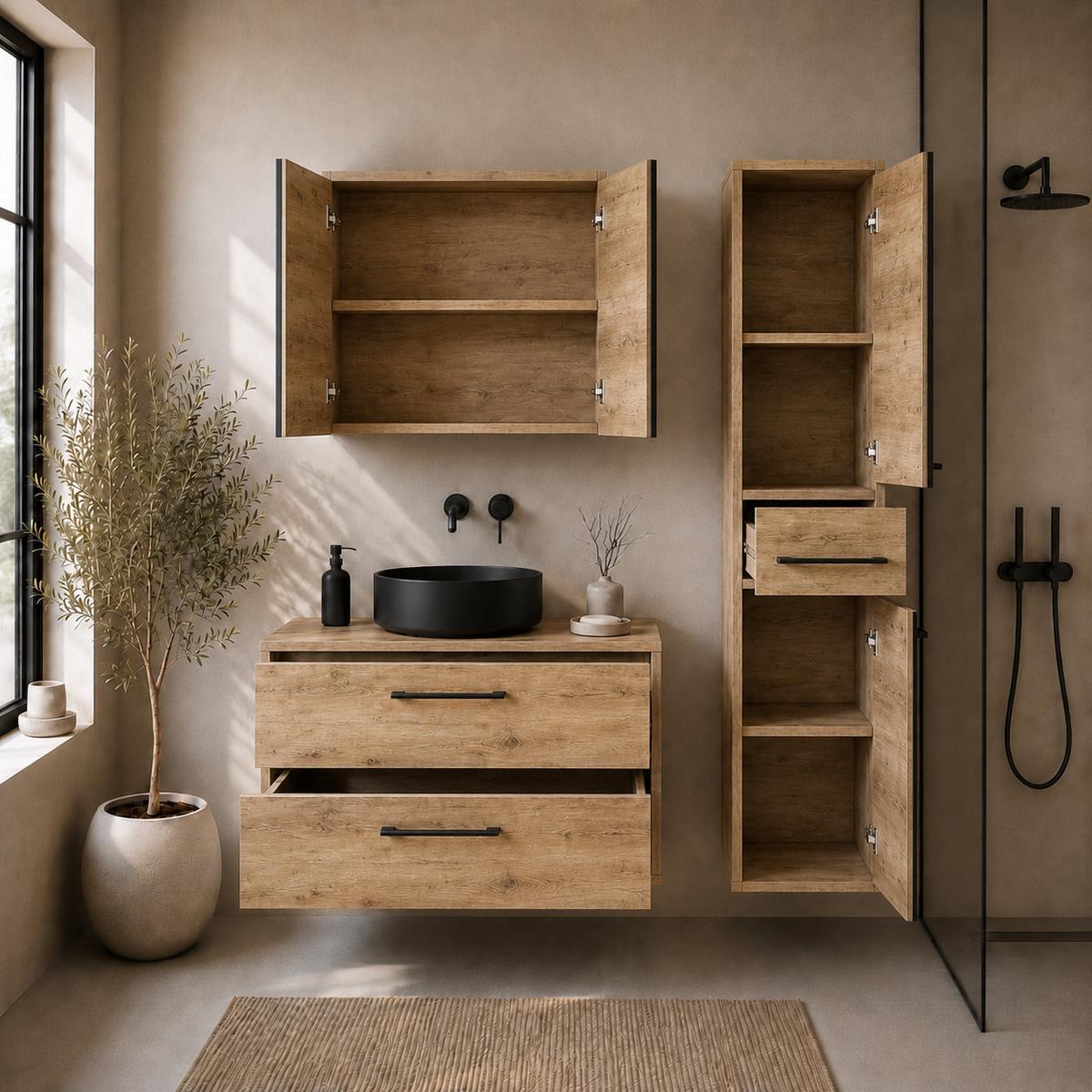 BADMÖBEL-SET Florence 3 Teile Kastanien eiche - 80 x 46 x 46 cm - Eichefarben, Holz (80/46/46cm) - Badplaats