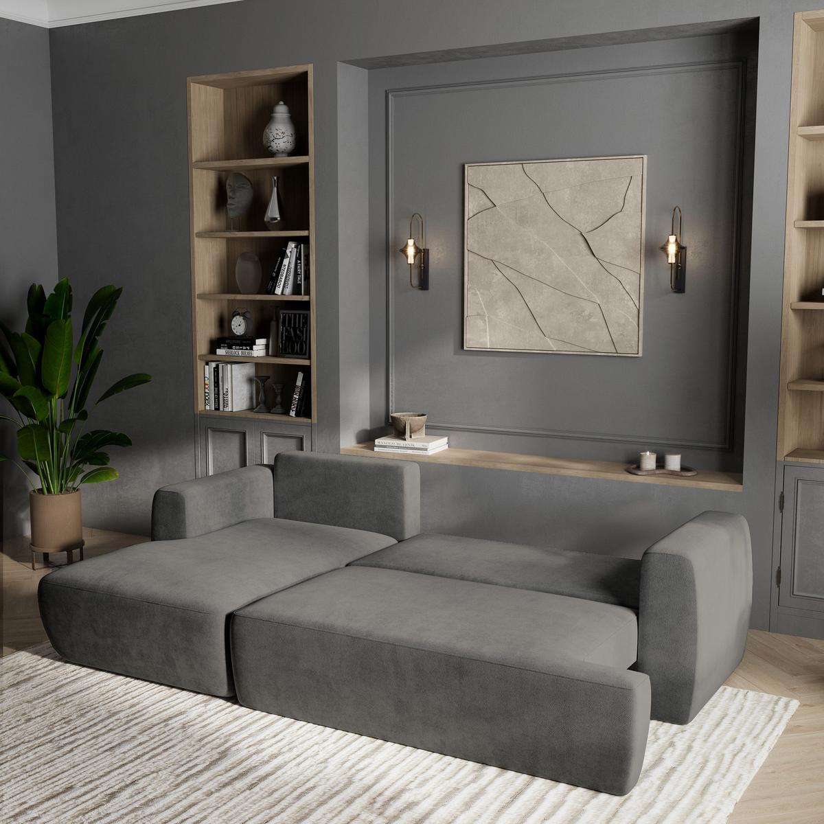 ECKSOFA SENTI K L-S Grau Plüsch-Stoff mit Schlaffunktion - Schwarz/Grau, Holz/Kunststoff (246/148cm) - MASSENO