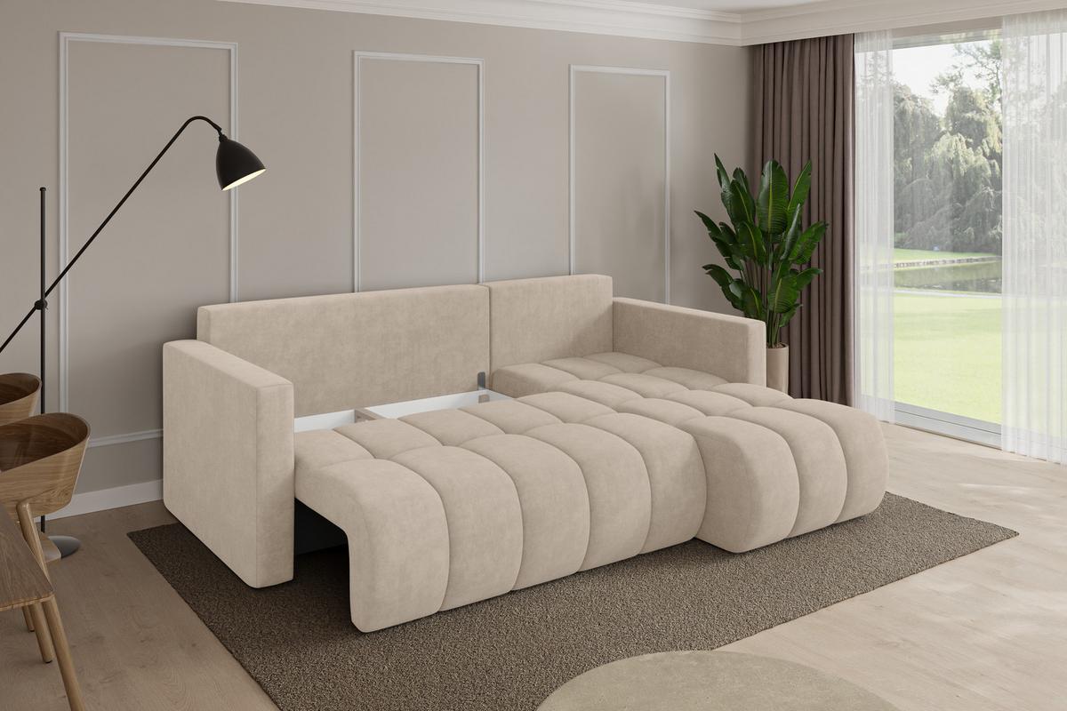 ECKSOFA mit Schlaffunktion Ottomane Rechts GARD-L 226x146x85 Beige Velours - Schwarz/Sahara, Holzwerkstoff/Kunststoff (226/146cm) - ALTDECOR