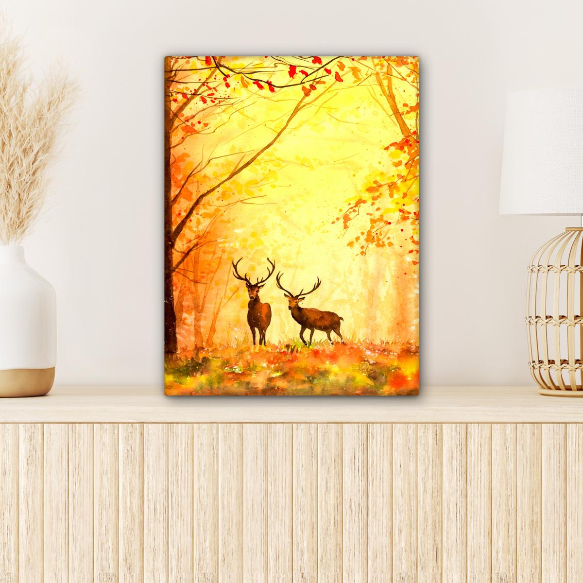 LEINWANDBILD Natur - Ölfarbe - Hirsche - Tiere - Herbst - Orange Room Decor 30x40 cm - Orange, Textil (30/40cm) - MuchoWow