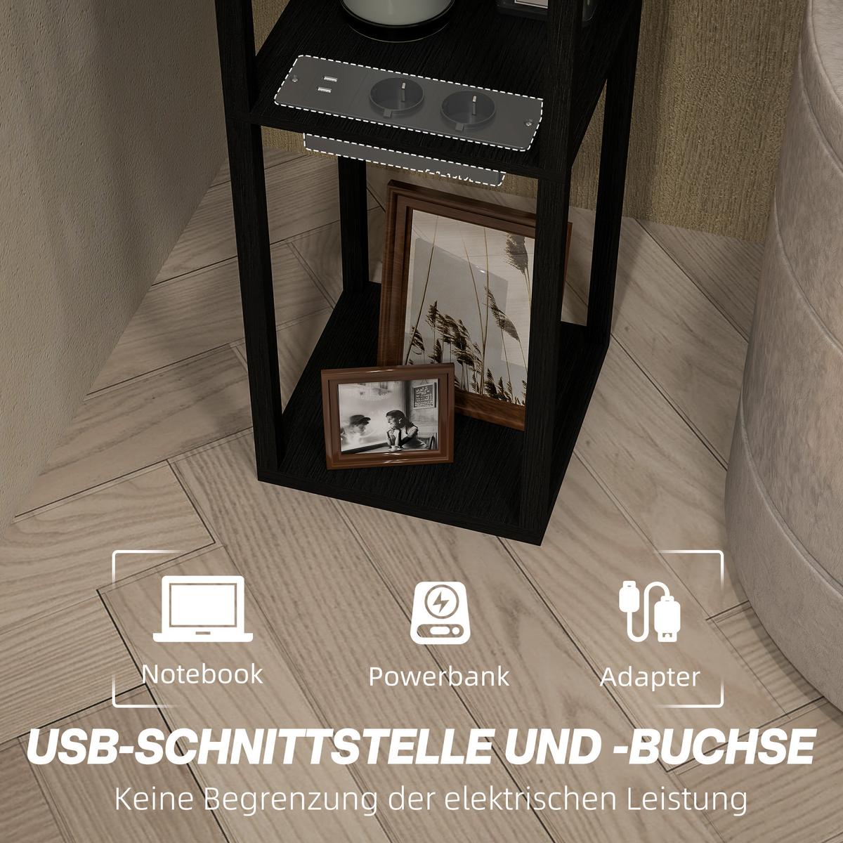 STEHLAMPE, Stehleuchte mit 3 Fächern, E27 Sockel, USB-A, USB-C Anschlüssen - Schwarz, Holzwerkstoff (26/26/159cm) - HOMCOM