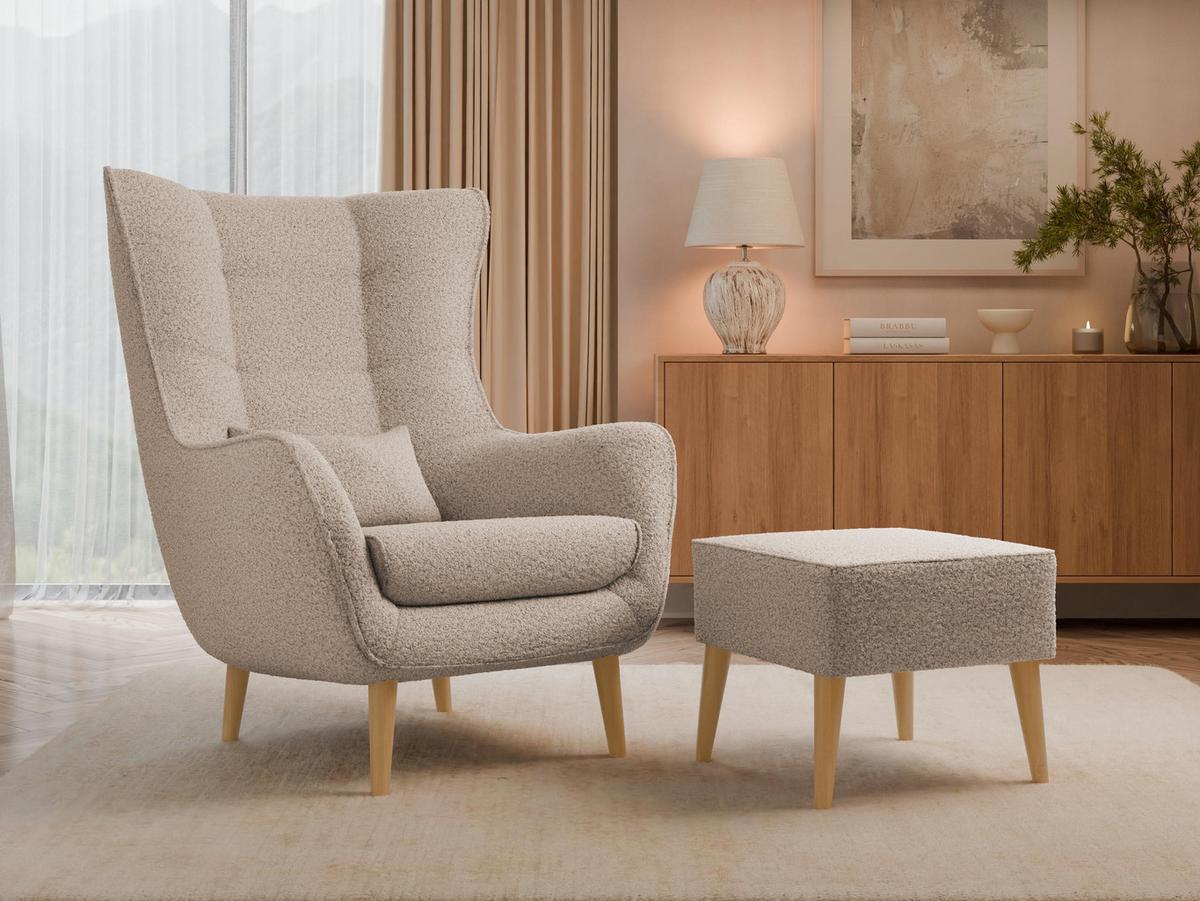 SESSEL Estjano Boucle mit Fußbank - Beige, Holz/Textil (80/106/95cm) - MIRJAN24