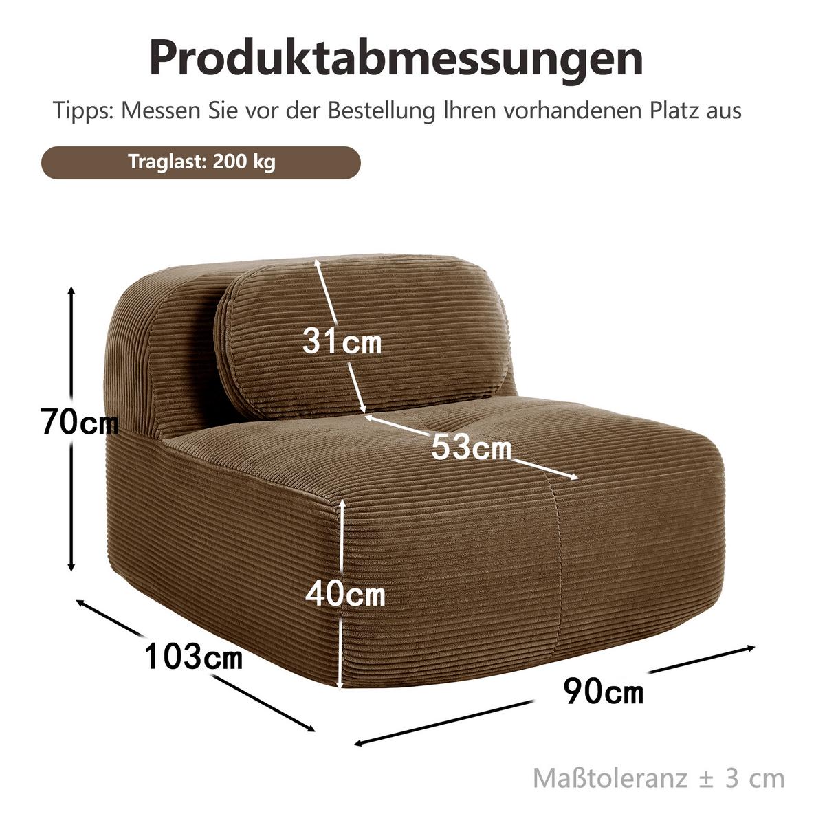 SOFA Modulares Cordstoff Braun ohne Armlehnen mit Kissen - Braun, Textil (90/75/103cm) - Urban Meuble