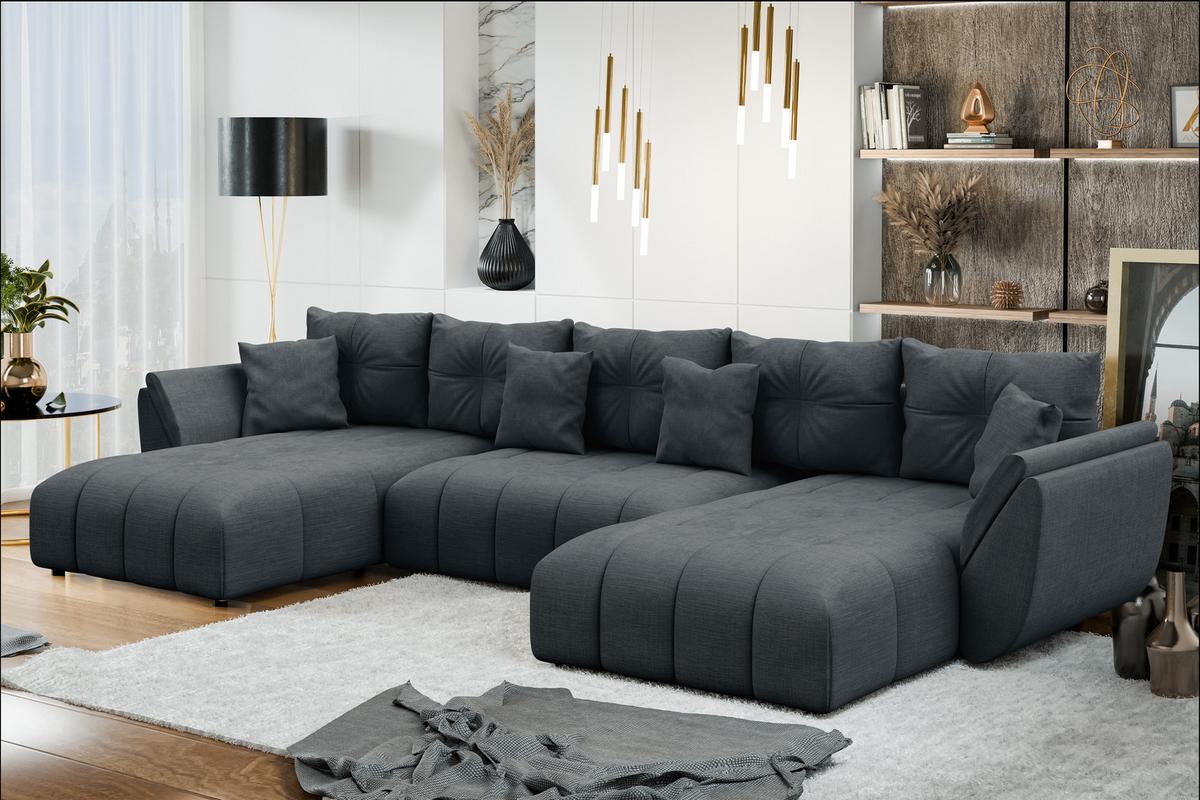 WOHNLANDSCHAFT Antalya Grau 382/190/91 cm – Sofa mit Bettfunktion - Schwarz/Grau, Kunststoff/Textil (382/91/190cm) - AX Living