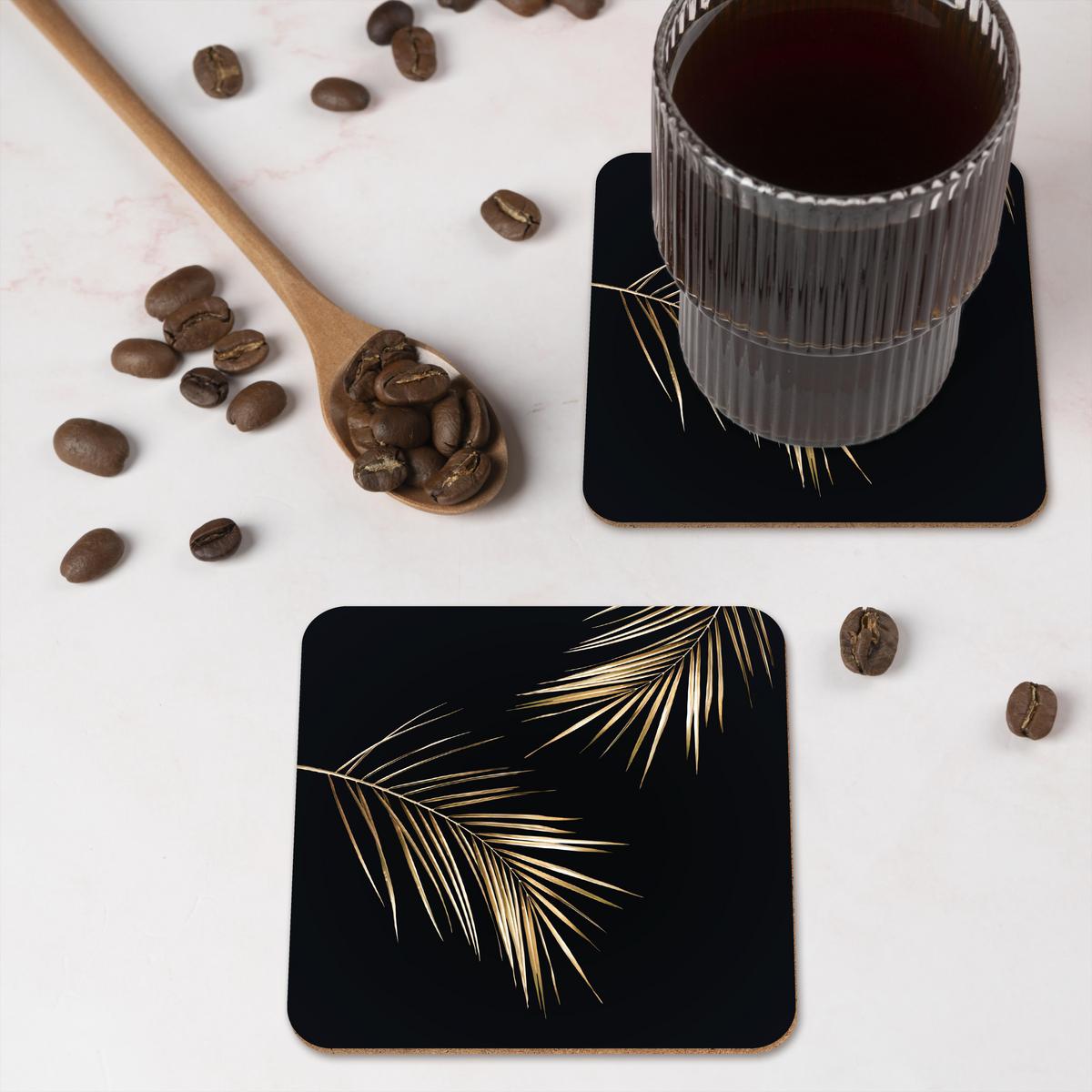 GLASUNTERSETZER 6er-Set Blätter - Pflanzen - Gold - Schwarz - Luxus Getränkeuntersetzer 10x10 cm - Schwarz, Naturmaterialien (10/0.2cm) - MuchoWow