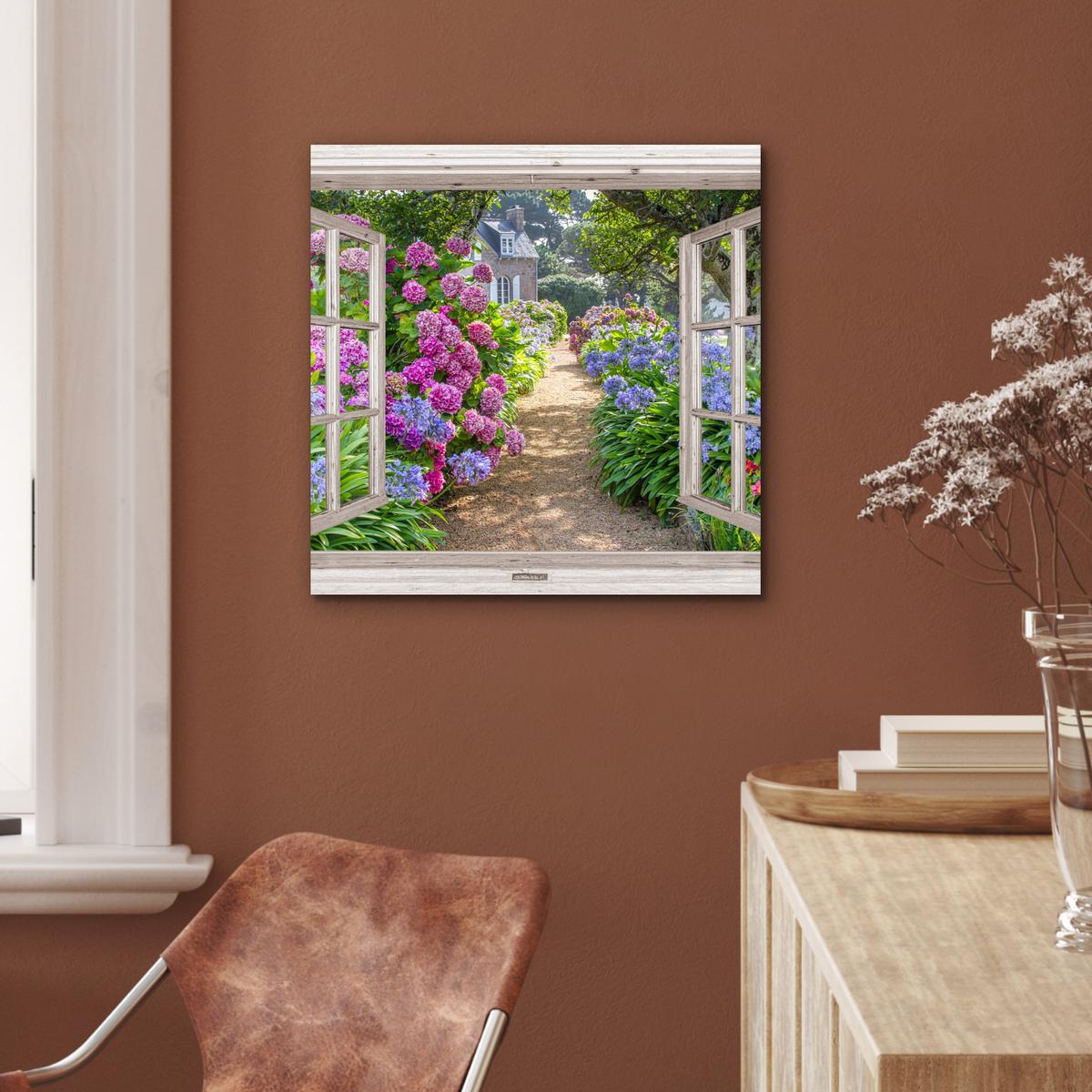 METALLBILD Hortensie - Durchsichtig - Blumen - Sommer - Lila - Weg 50x50 cm - Lila, Metall (50/50cm) - MuchoWow