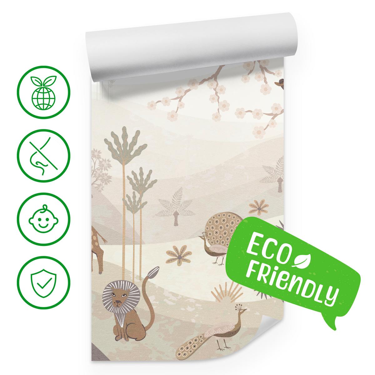 FOTOTAPETE für Kinderzimmer Safari Wilde Tiere Dschungel Boho Palmen Giraffe 400x280 - Beige/Creme, Papier (400/280cm) - Muralo