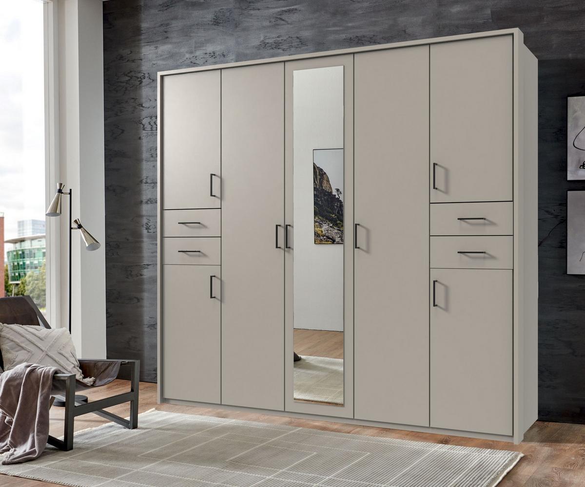 DREHTÜRENSCHRANK B228/H210/T58 cm in Beige Grau, Kleiderschrank m.Passepartout&1Spiegeltür&Schubkästen,Griffe schwarz/ 22574 - Greige/Beige, Holzwerkstoff/Kunststoff (228/210/58cm) - luma-home