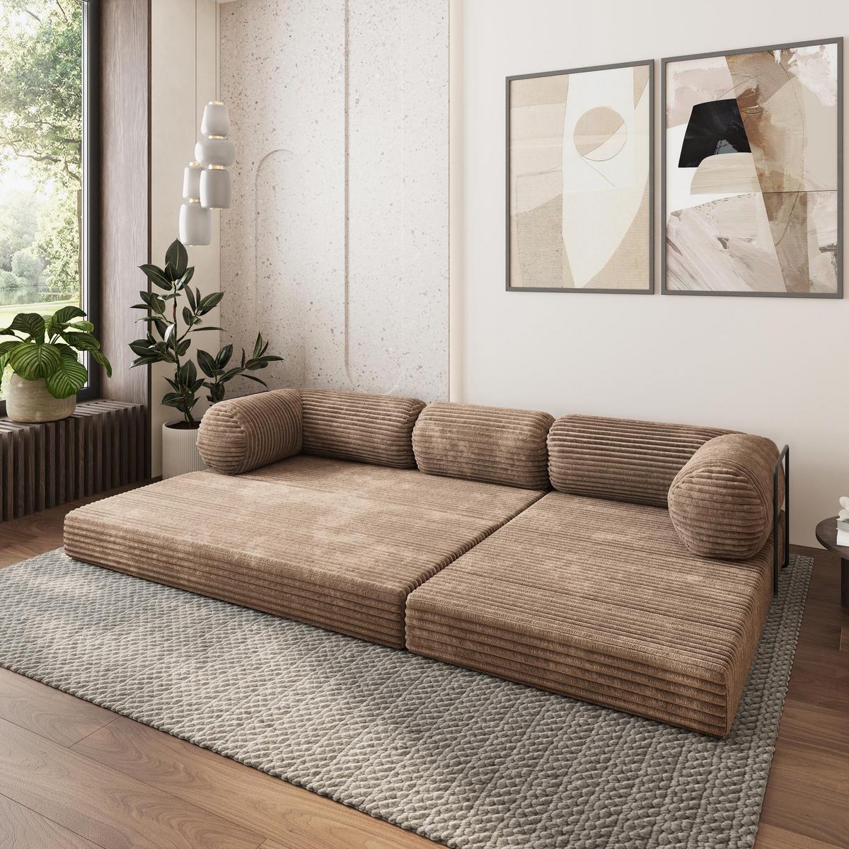 ECKSOFA ETERA modulares Boneless Sofa mit Schlaffunktion Beige Kordstoff - Beige, Textil (270/160cm) - MASSENO