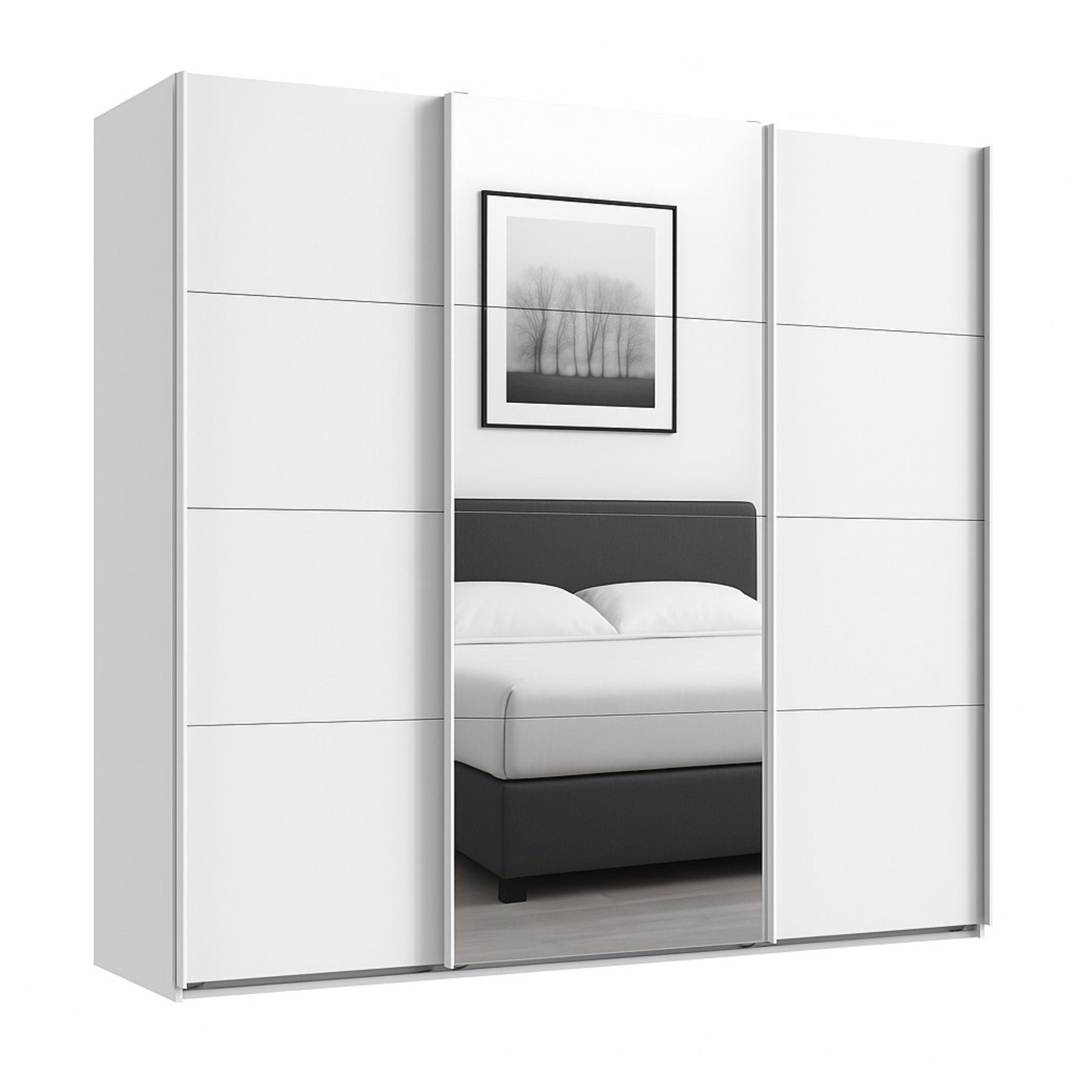 SCHWEBETÜRENSCHRANK 3-türig B225/H208/T64 cm in Weiß, Kleiderschrank mit einer Spiegeltür / 22518 - Edelstahlfarben/Weiß, Holzwerkstoff/Metall (225/208/64cm) - luma-home