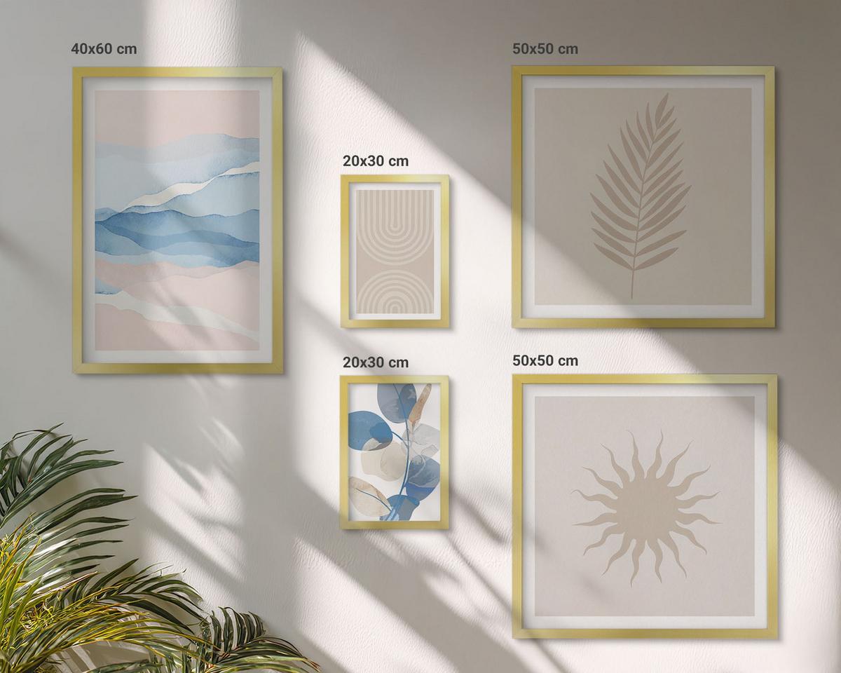 BILDER SET 5er Set - 50x50 cm & 20x30 cm & 40x60 cm Goldrahmen - Abstrakte Linien der Sonnenwellen - Goldfarben, Kunststoff (40/60cm) - TULUP