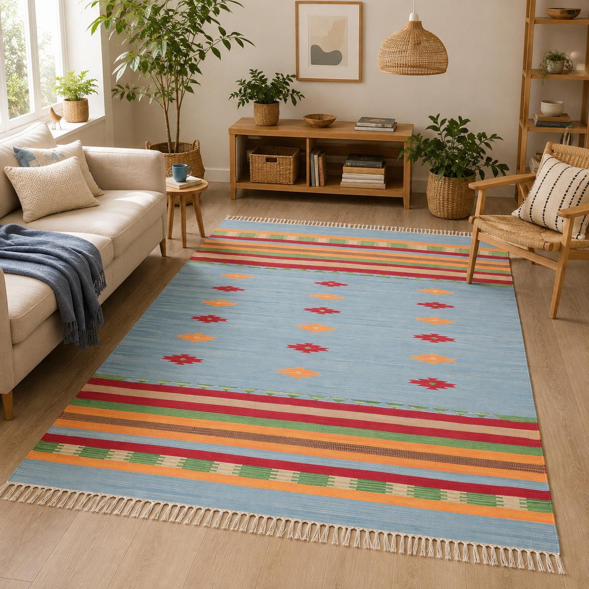 FLECKERLTEPPICH BAUMWOLLE NATUR KELIM LINA STRIPES - Blau, Textil (70/250cm) - Pergamon