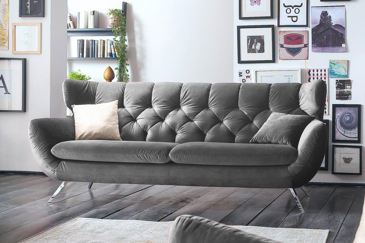 SOFA CHARME Grau Velvet - Silberfarben/Grau, Textil/Metall (200/94/95cm) - KAWOLA