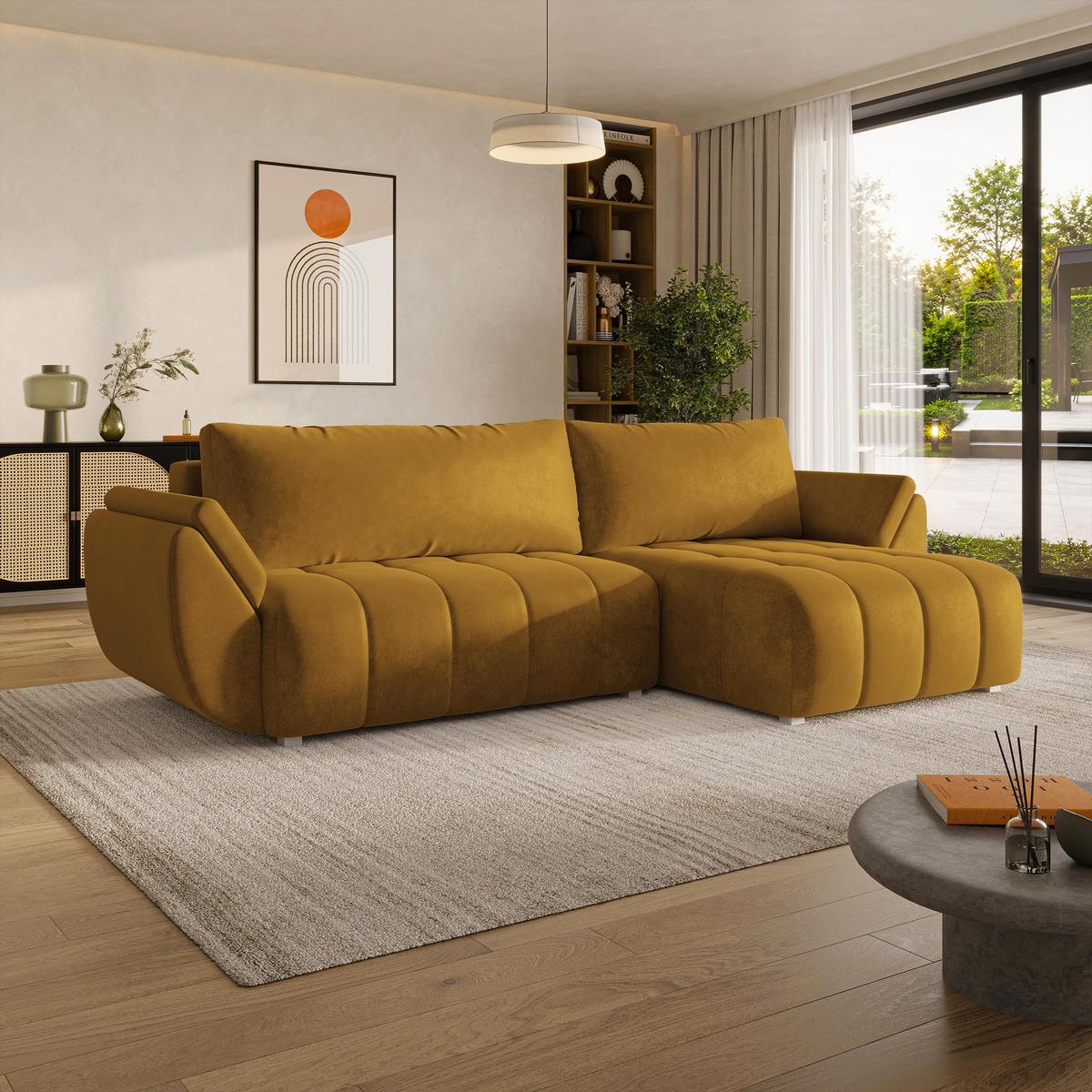 ECKSOFA OLSI Gelb Velours-Stoff mit Schlaffunktion - Gelb, Holz (285/148cm) - MASSENO