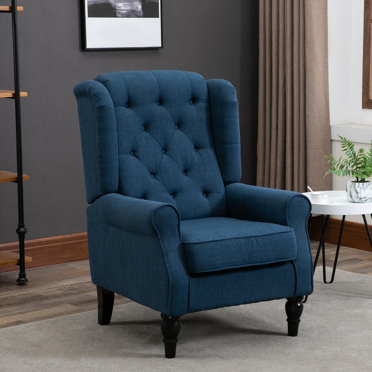 OHRENSESSEL Gepolstert Sessel mit Tufting, hoher Rückenlehne bis 160 kg, Blau - Blau/Schwarz, Holz/Textil (86/102/74cm) - HOMCOM
