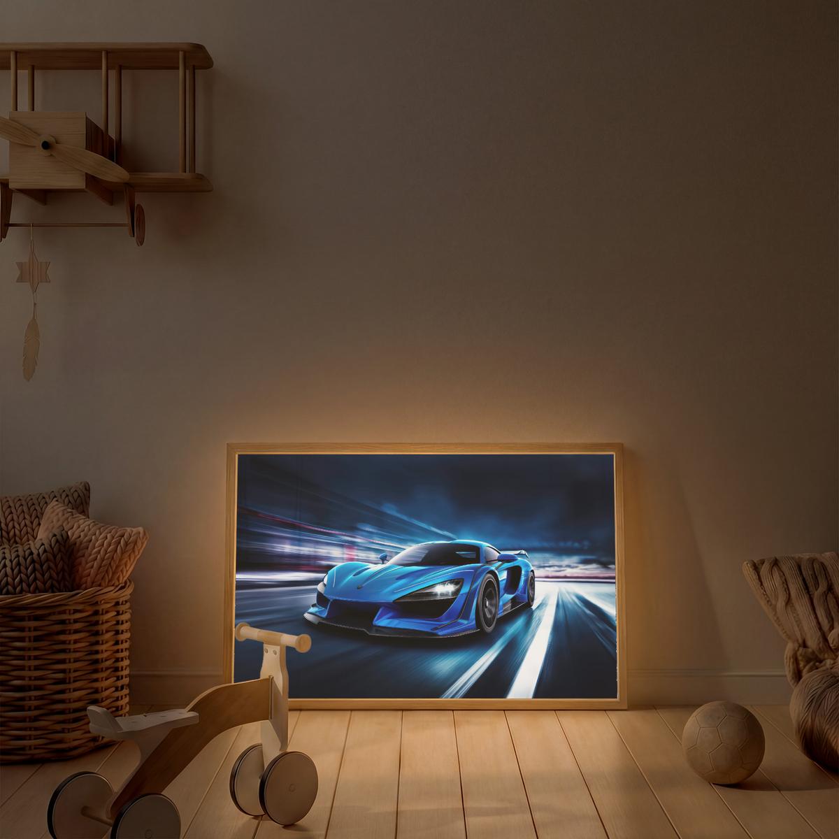 WANDLEUCHTE MIT AKKU Auto - Blau - Jungen - Kind 100x70 cm - Blau, Holzwerkstoff (100/70/8cm) - OnlyWow