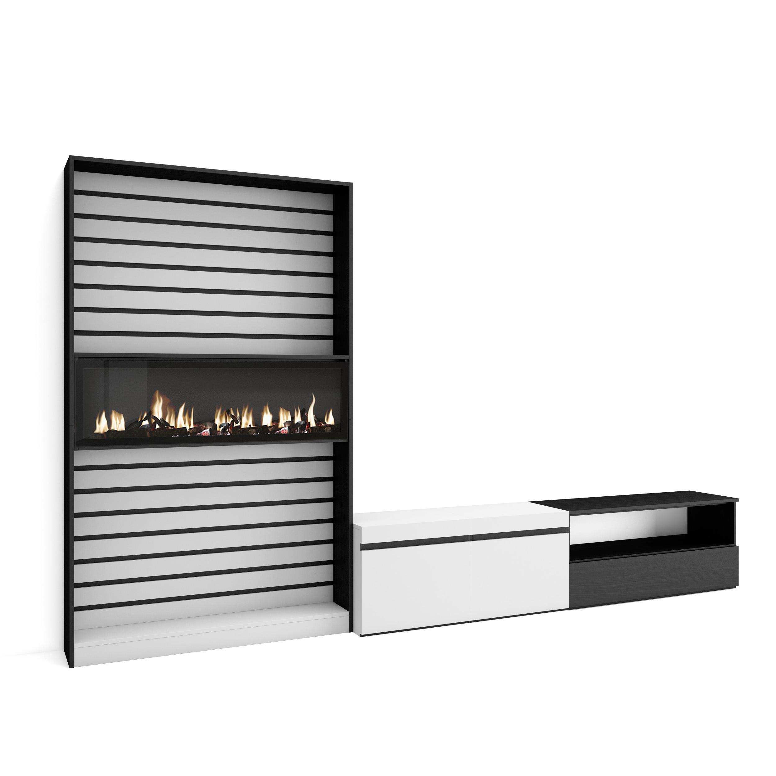 WOHNWAND Wohnzimmer, weiß und schwarz, Elektrokamin,, 310/35/186cm - Schwarz/Weiß, Holzwerkstoff (310/186/35cm) - Skraut Home