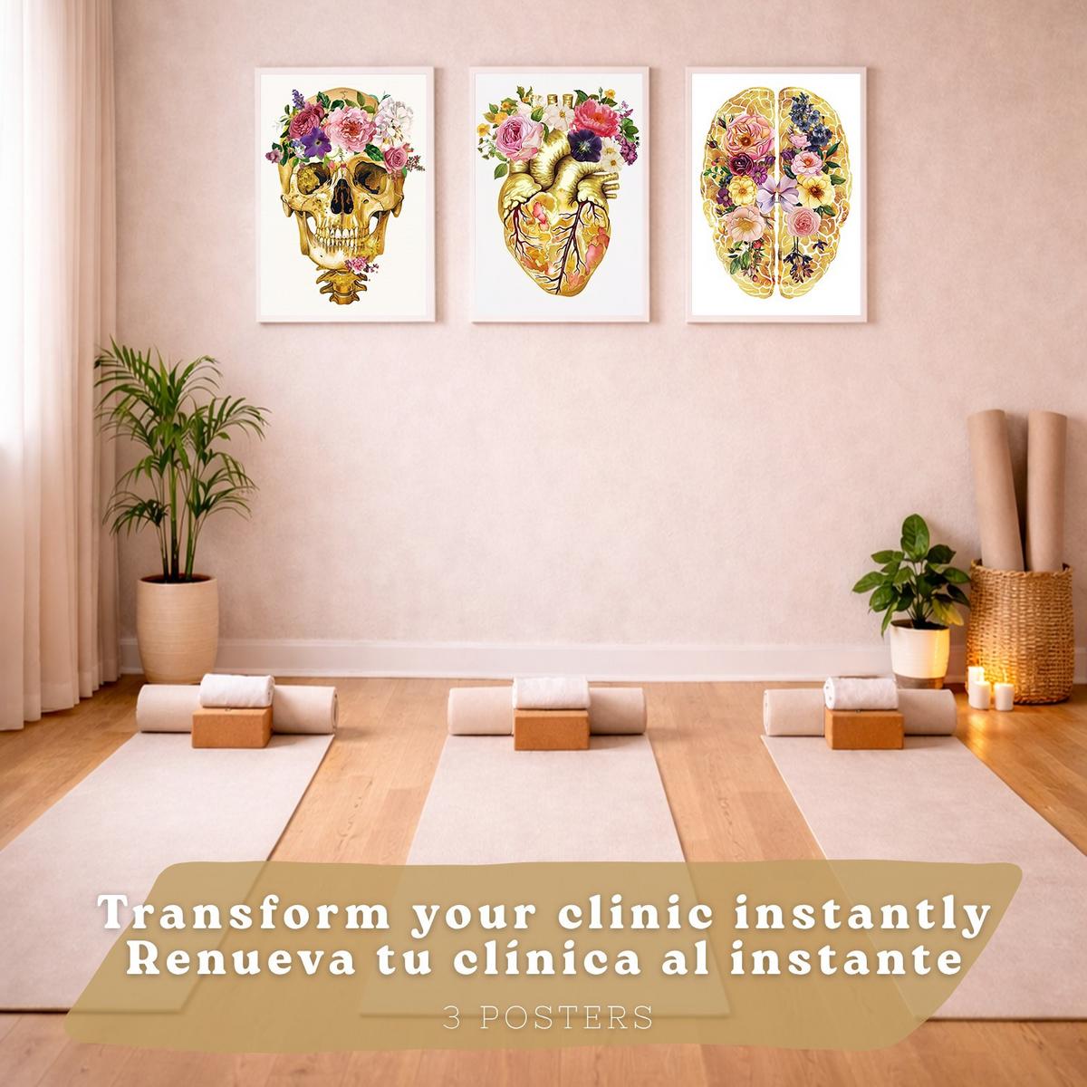 POSTER Set aus 3 Anatomie Mensch Drucke und Wandbilder mit Schädel Gehirn und Herz Goldene Florale Künstlerische Illustration Größe Weißer Rahmen A4 - Weiß, Papier (21/29.7/3cm) - Nacnic