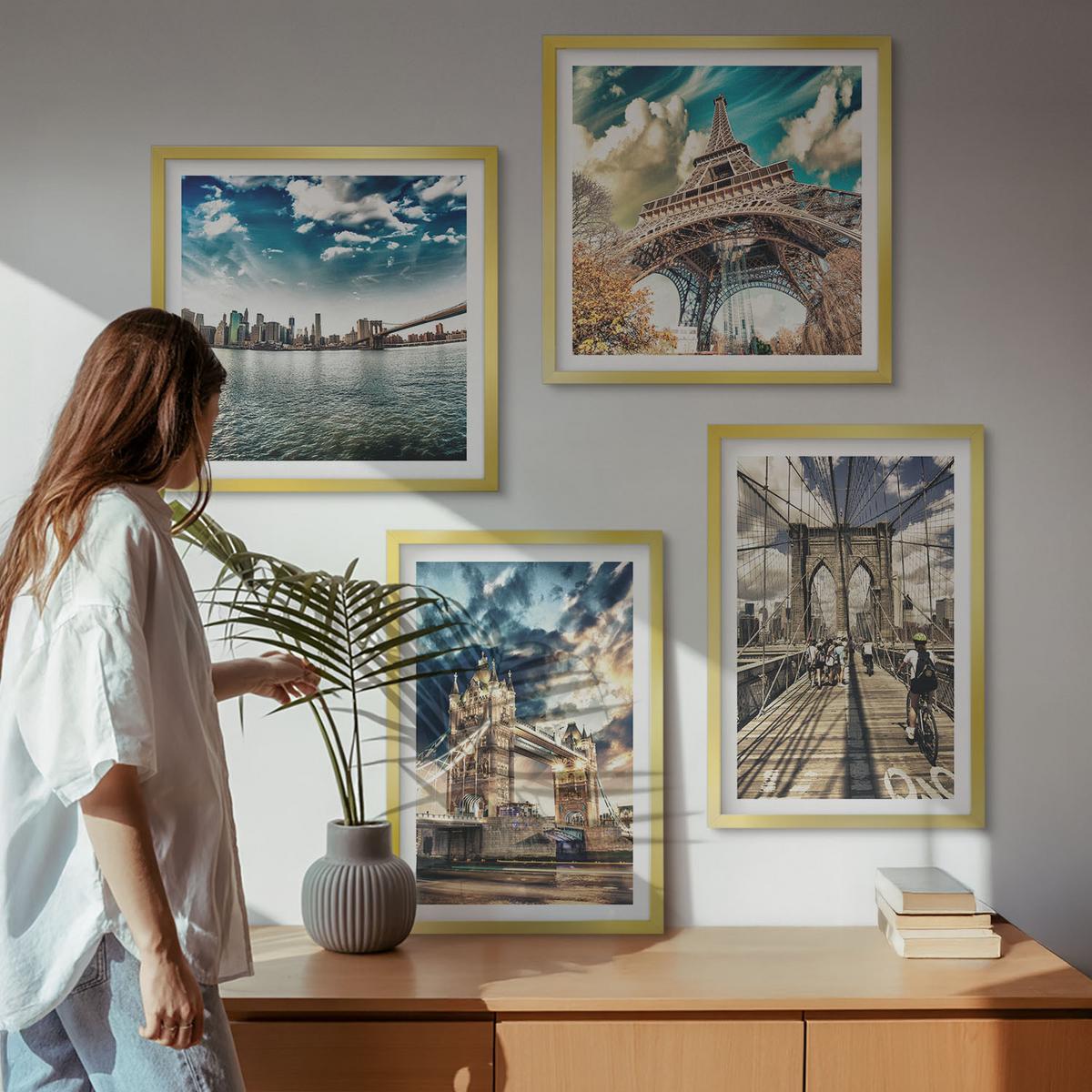 BILDER SET 4er Set - 50x50 cm & 40x60 cm Goldrahmen - Turmbrücken in europäischen Städten - Goldfarben, Kunststoff (50/50cm) - TULUP